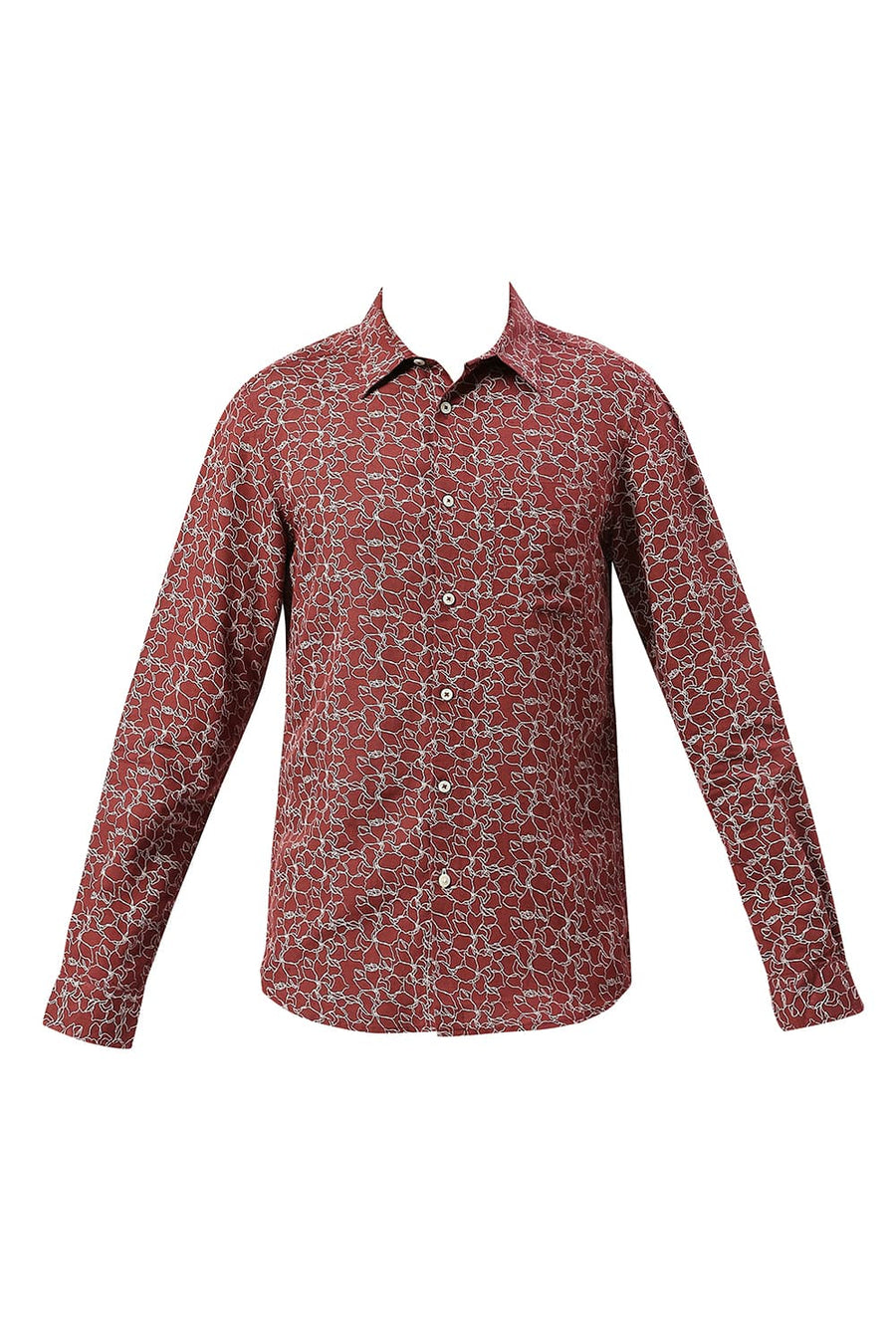 BASICS SLIM FIT PORT MAROON VISCOSE LINEN PRINTED SHIRT