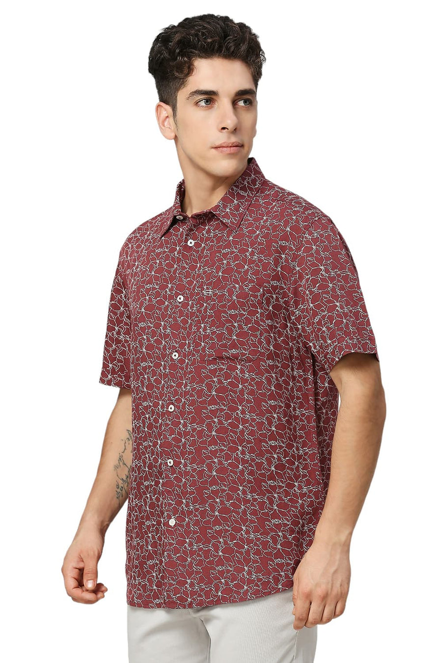 BASICS SLIM FIT PORT MAROON VISCOSE LINEN PRINTED HALFSLEEVES SHIRT