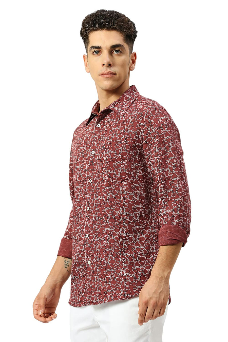 BASICS SLIM FIT PORT MAROON VISCOSE LINEN PRINTED SHIRT