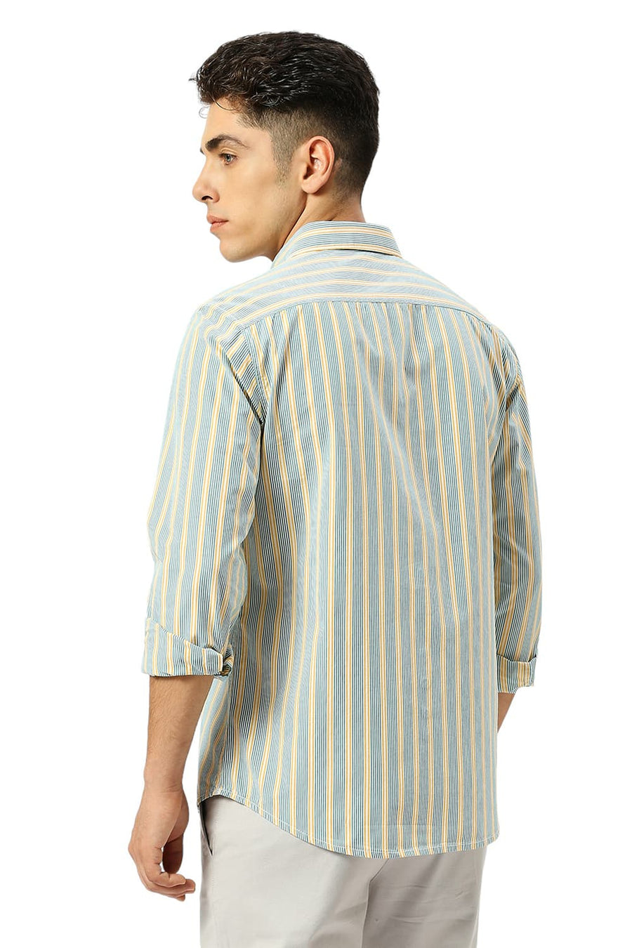 BASICS SLIM FIT BANANA YELLOW COTTON STRIPE SHIRT