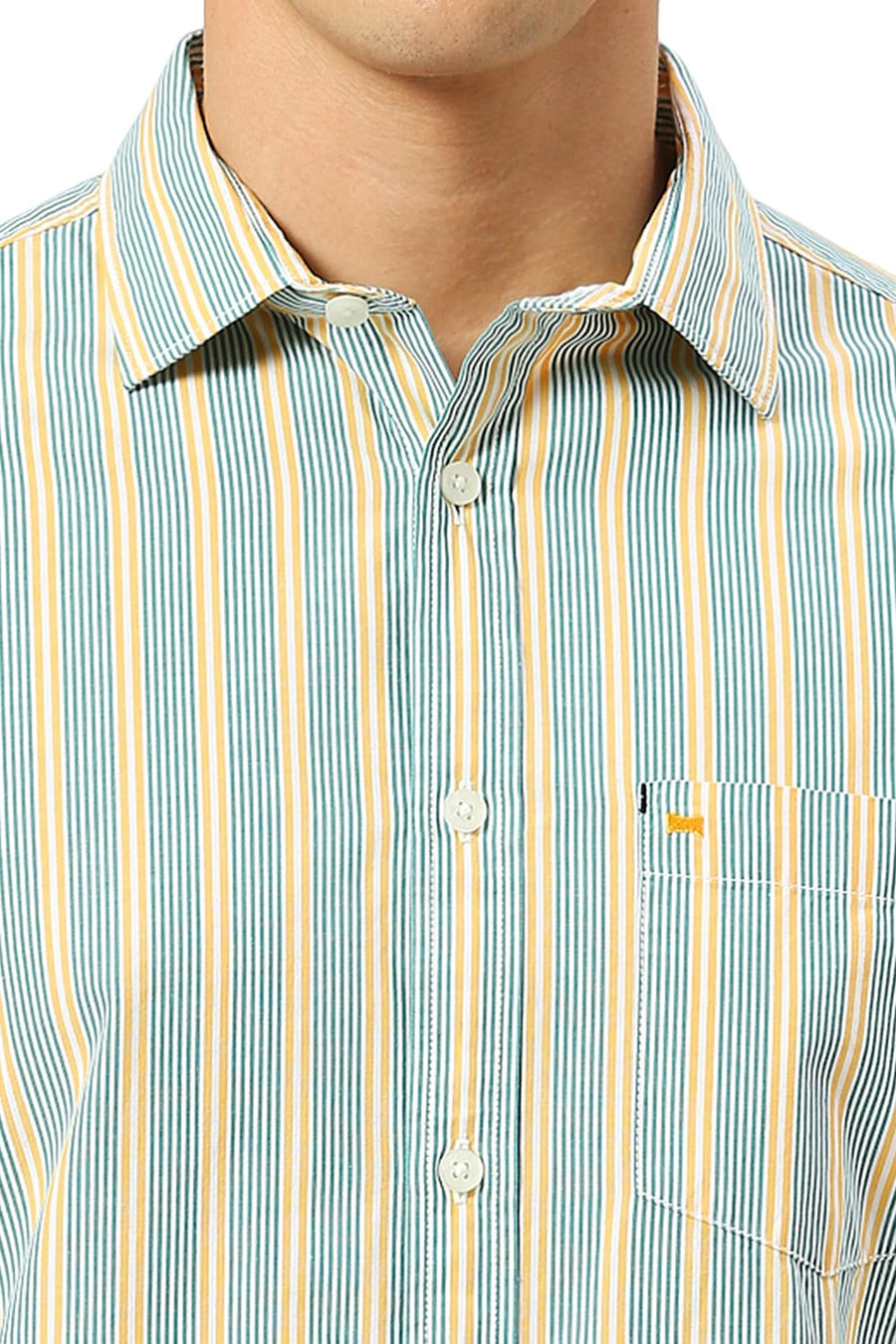 BASICS SLIM FIT BANANA YELLOW COTTON STRIPE SHIRT