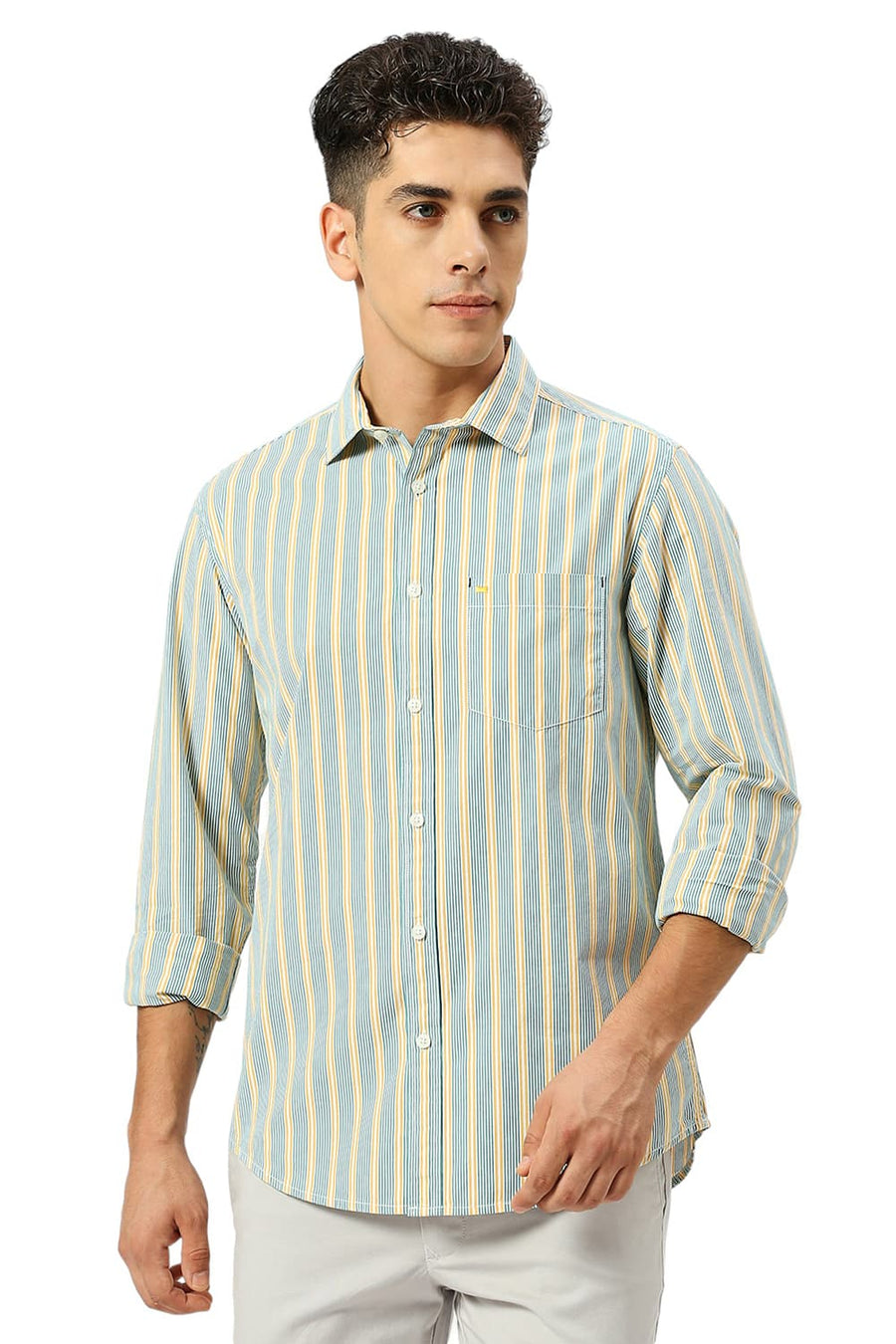 BASICS SLIM FIT BANANA YELLOW COTTON STRIPE SHIRT