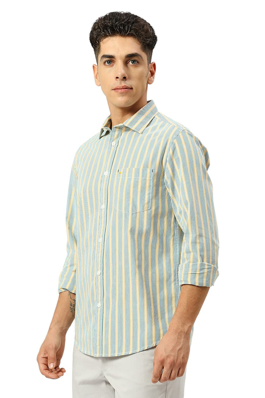 BASICS SLIM FIT BANANA YELLOW COTTON STRIPE SHIRT