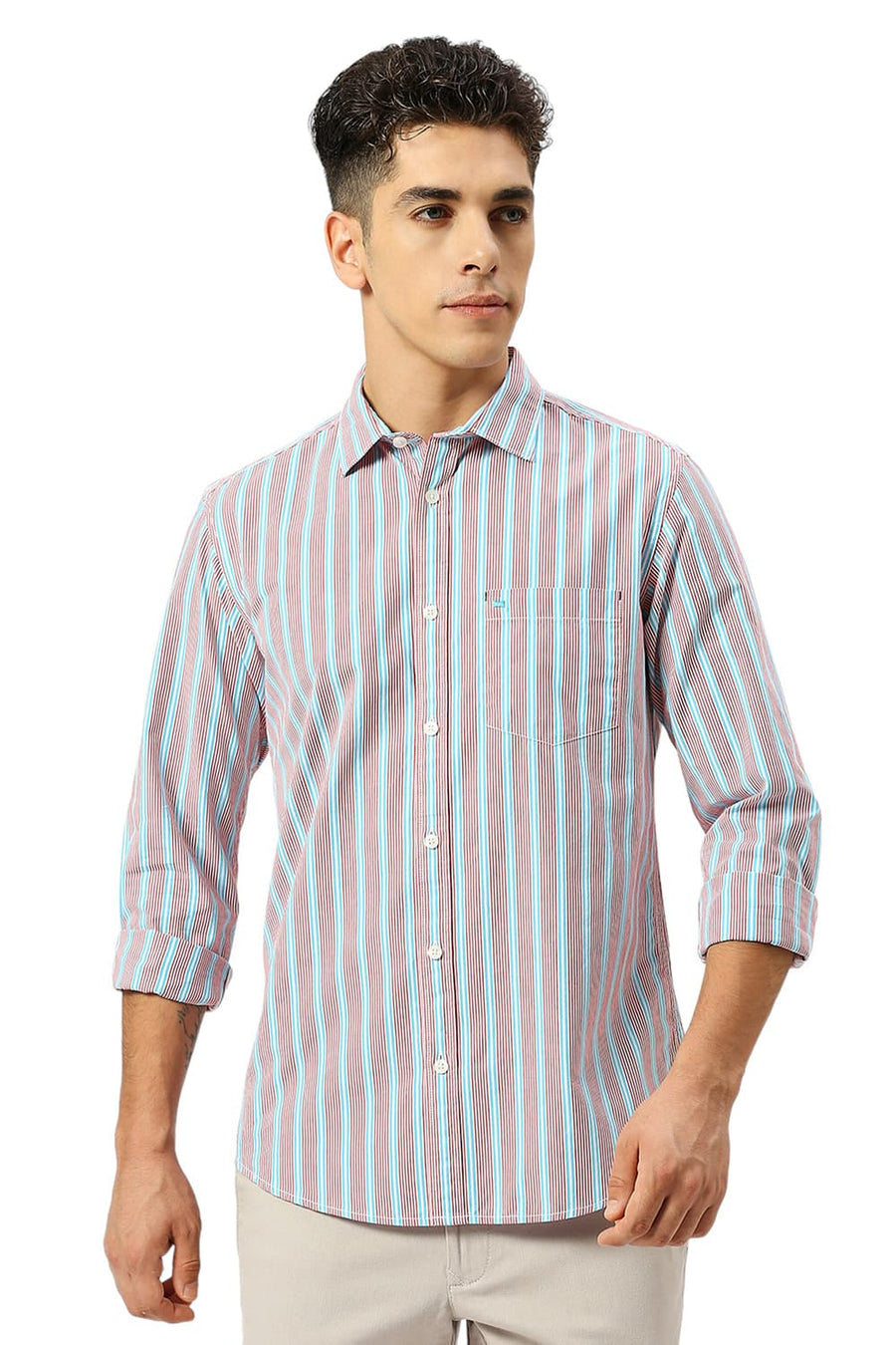 BASICS SLIM FIT BLUE SPLASH COTTON STRIPE SHIRT