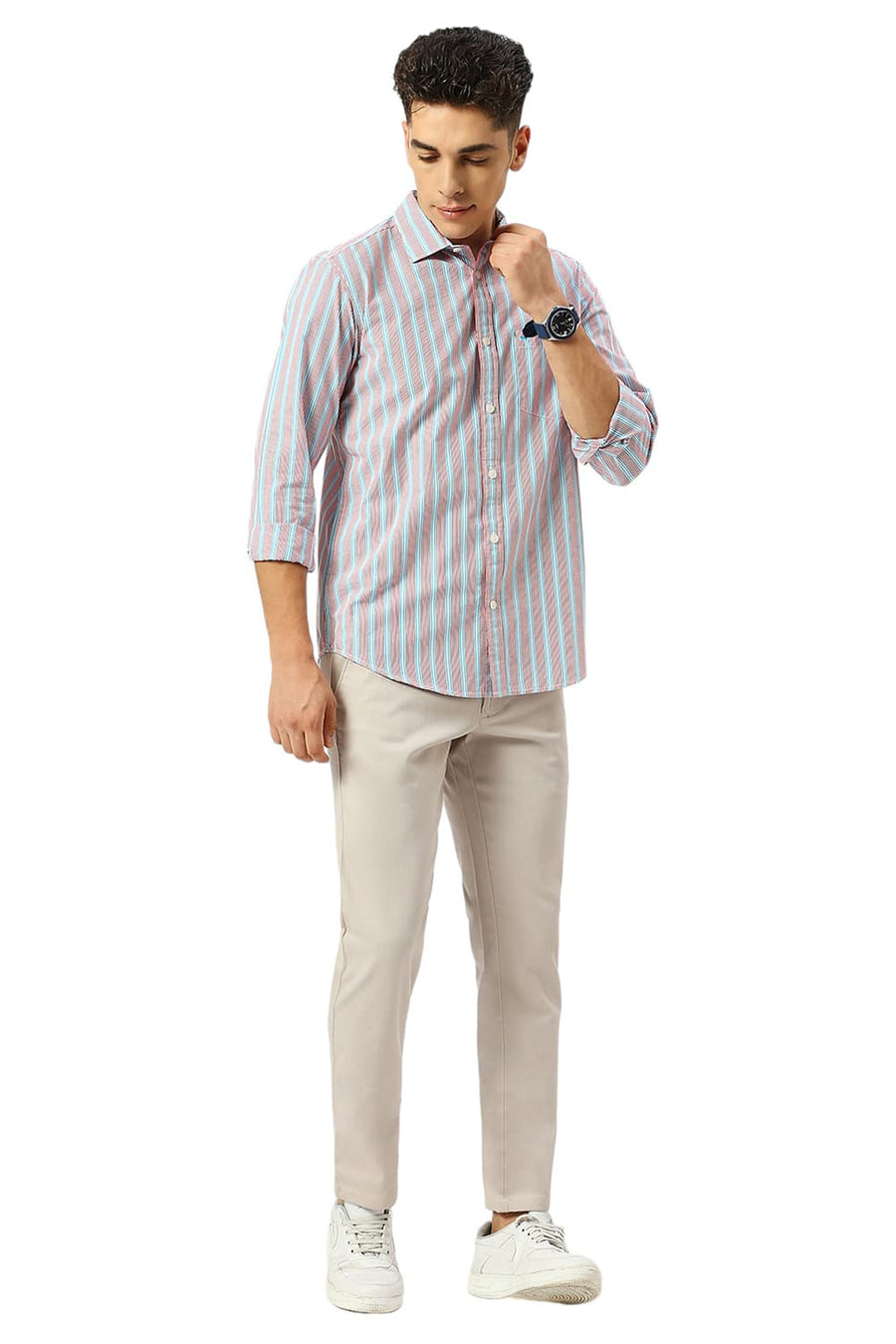 BASICS SLIM FIT BLUE SPLASH COTTON STRIPE SHIRT