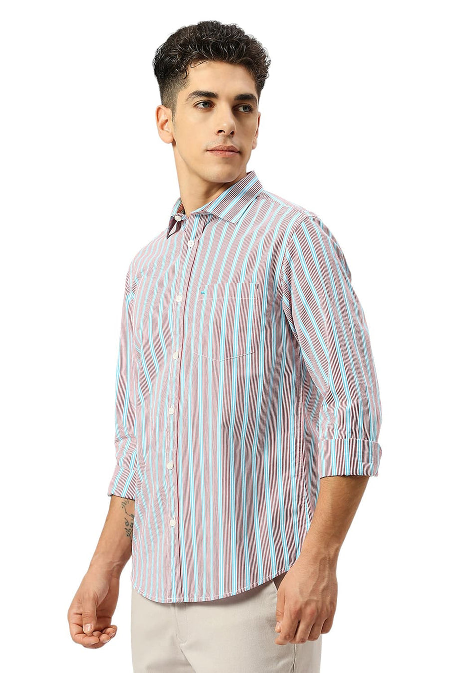 BASICS SLIM FIT BLUE SPLASH COTTON STRIPE SHIRT