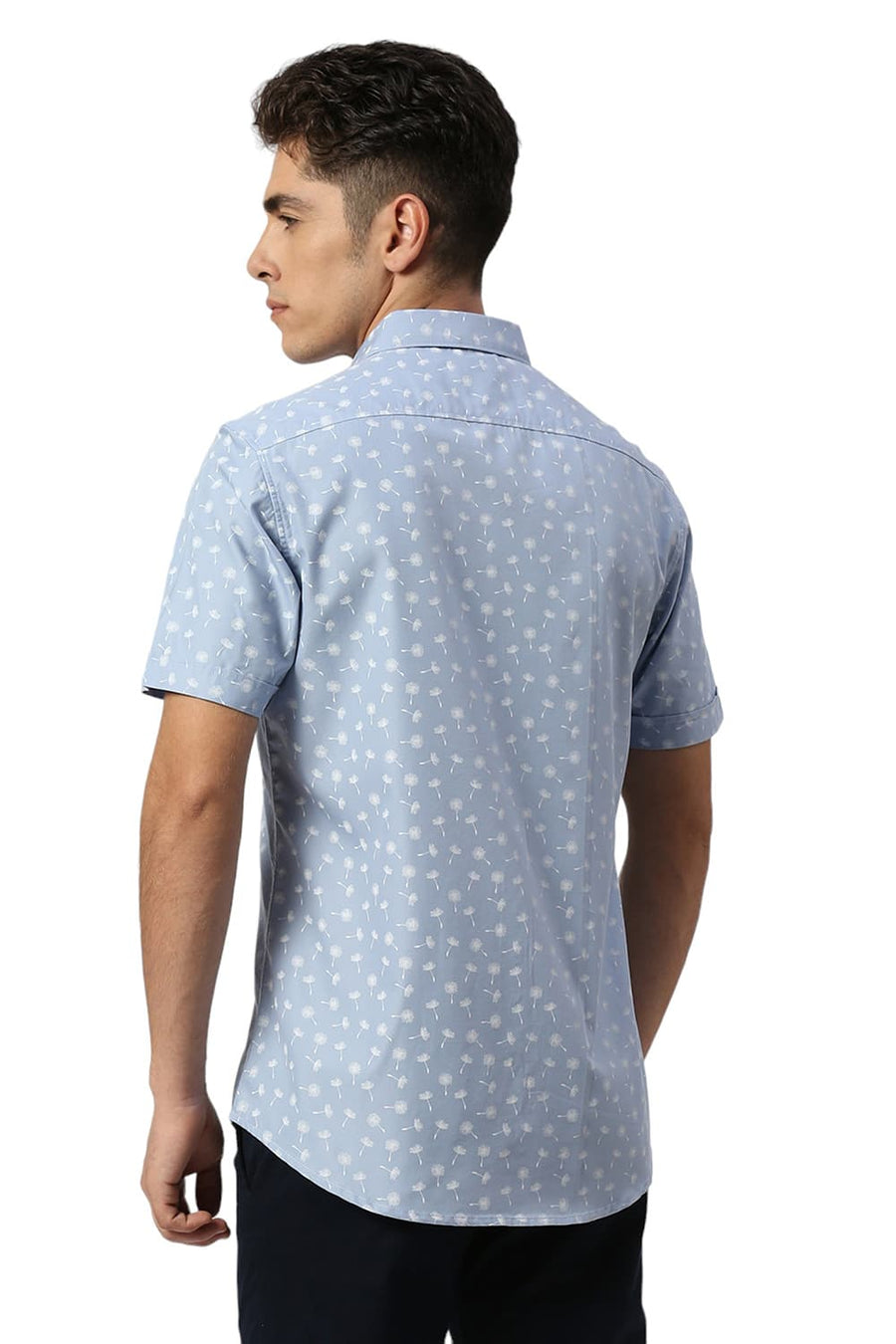 BASICS SLIM FIT BLIZZARD BLUE COTTON POLYESTER CAVALRY TWILL PRINTED HALFSLEEVES SHIRT