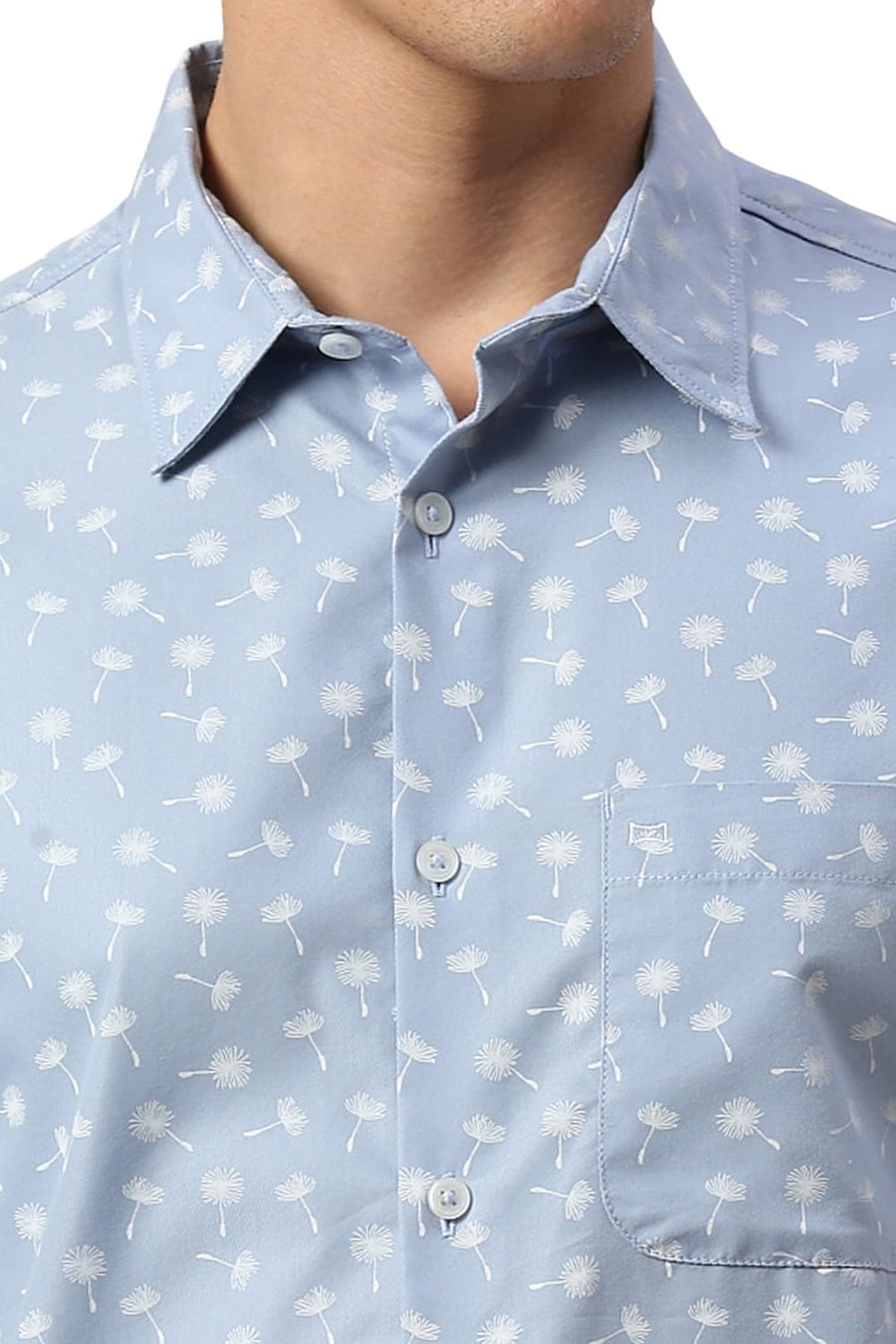 BASICS SLIM FIT BLIZZARD BLUE COTTON POLYESTER CAVALRY TWILL PRINTED HALFSLEEVES SHIRT