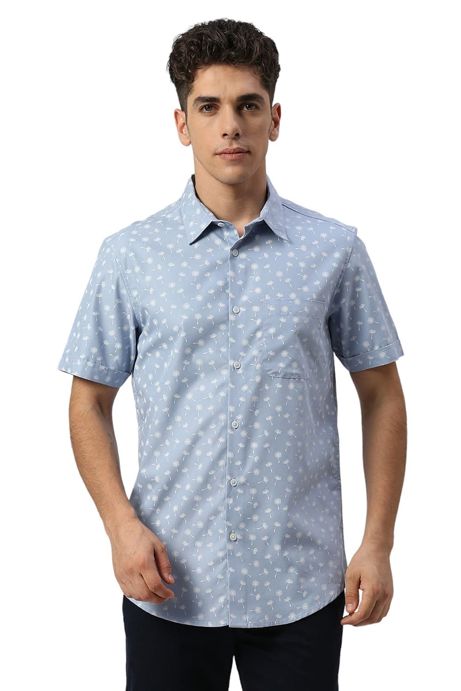 BASICS SLIM FIT BLIZZARD BLUE COTTON POLYESTER CAVALRY TWILL PRINTED HALFSLEEVES SHIRT