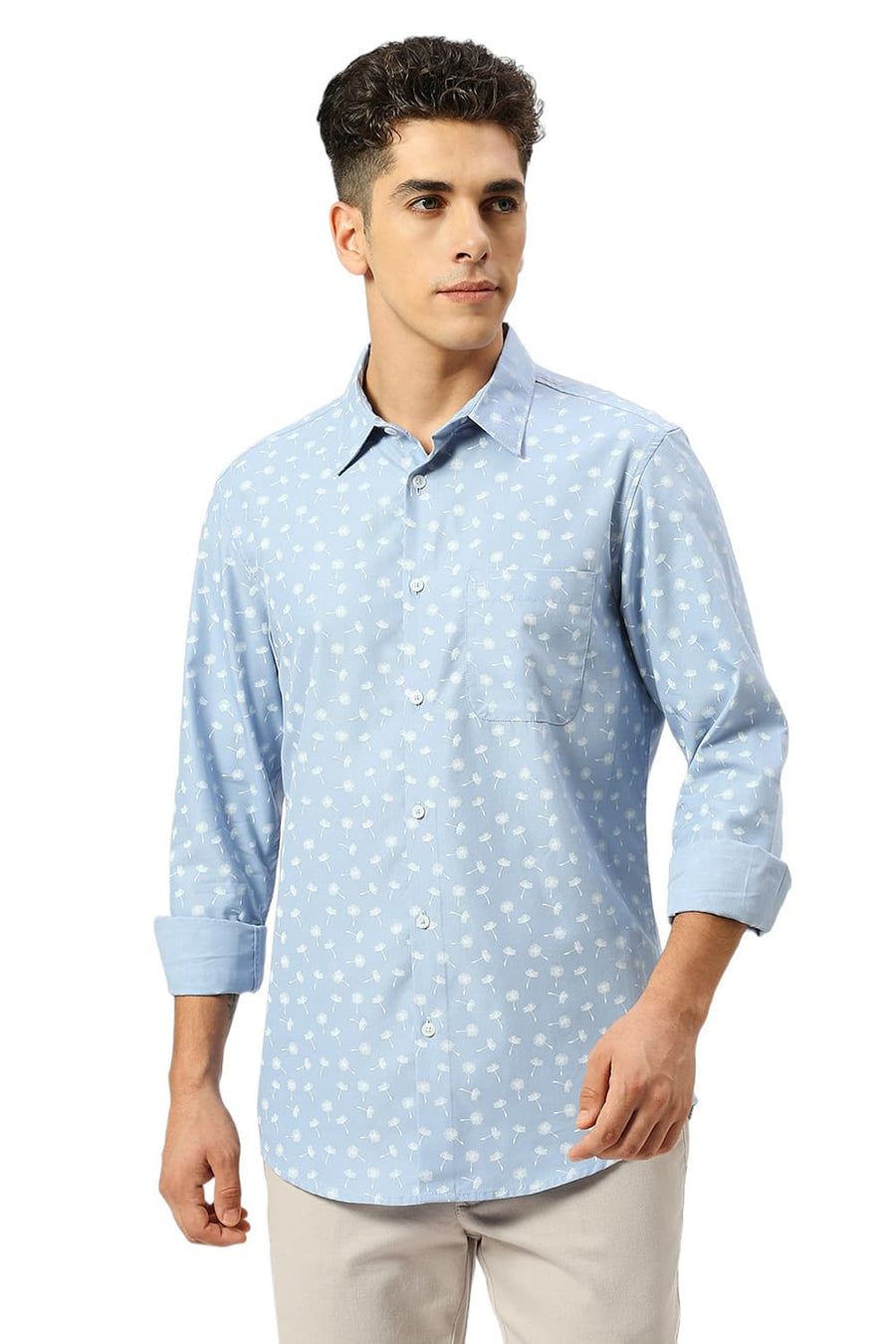 BASICS SLIM FIT BLIZZARD BLUE COTTON POLYESTER CAVALRY TWILL PRINTED SHIRT