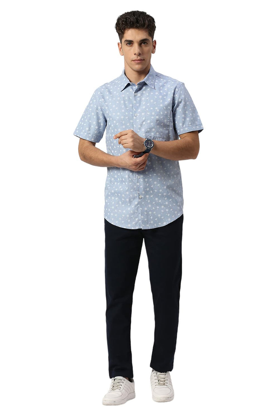 BASICS SLIM FIT BLIZZARD BLUE COTTON POLYESTER CAVALRY TWILL PRINTED HALFSLEEVES SHIRT