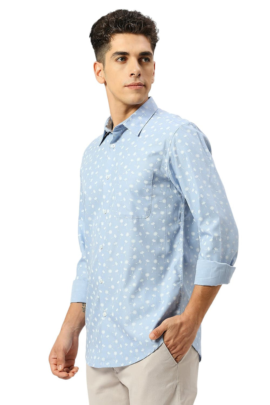 BASICS SLIM FIT BLIZZARD BLUE COTTON POLYESTER CAVALRY TWILL PRINTED SHIRT