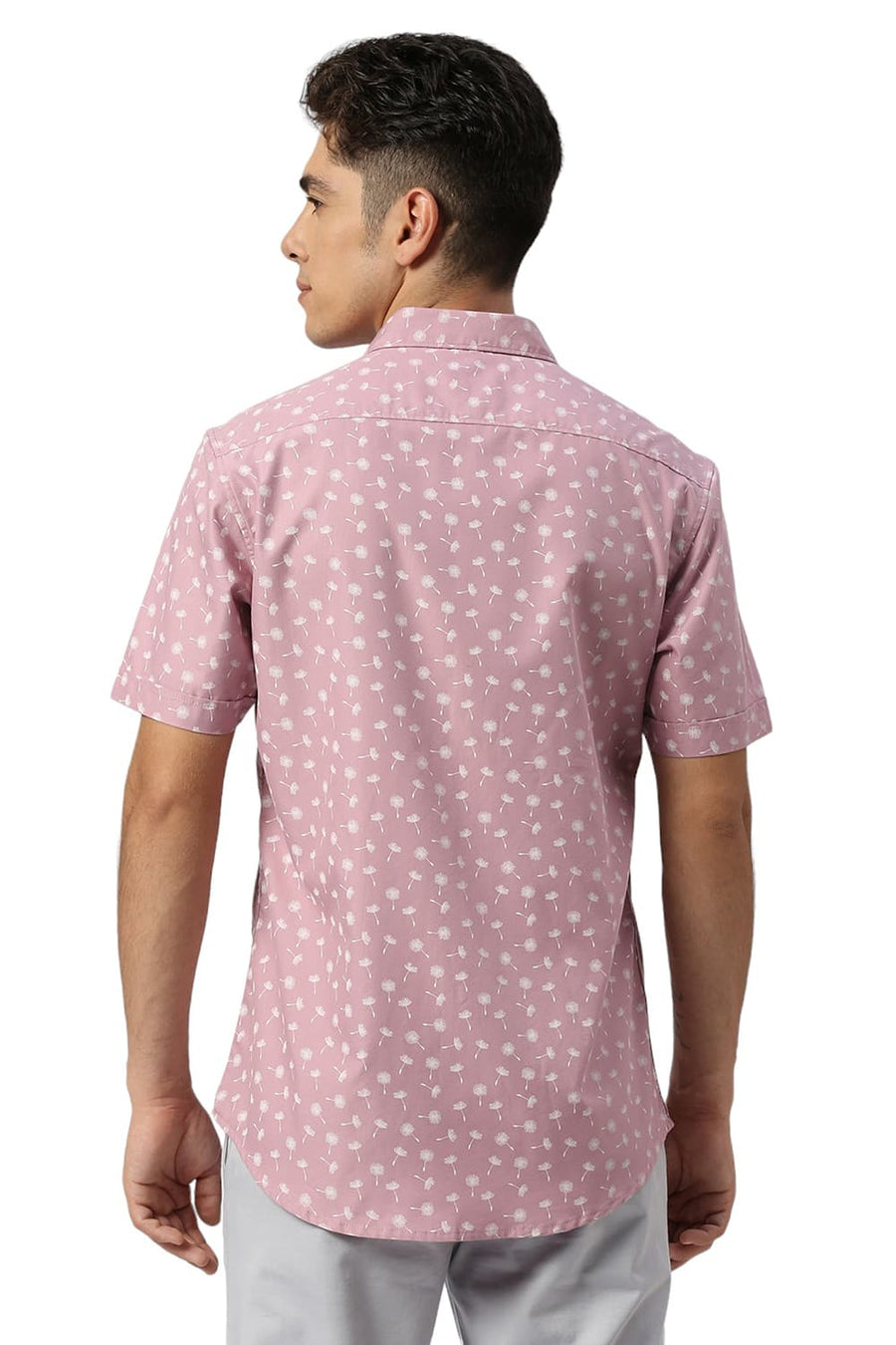 BASICS SLIM FIT PINK MAUVE COTTON POLYESTER CAVALRY TWILL PRINTED HALFSLEEVES SHIRT