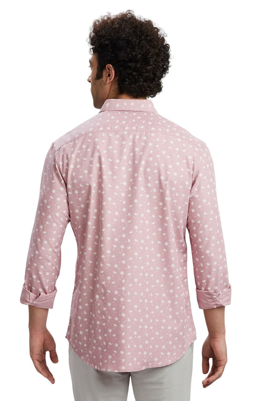 BASICS SLIM FIT PINK MAUVE COTTON POLYESTER CAVALRY TWILL PRINTED SHIRT