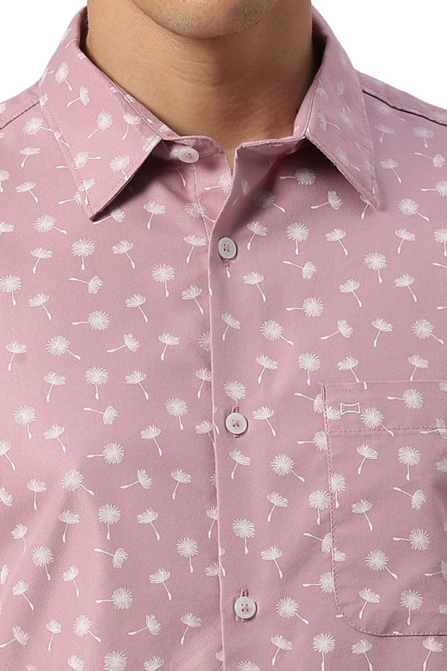 BASICS SLIM FIT PINK MAUVE COTTON POLYESTER CAVALRY TWILL PRINTED HALFSLEEVES SHIRT