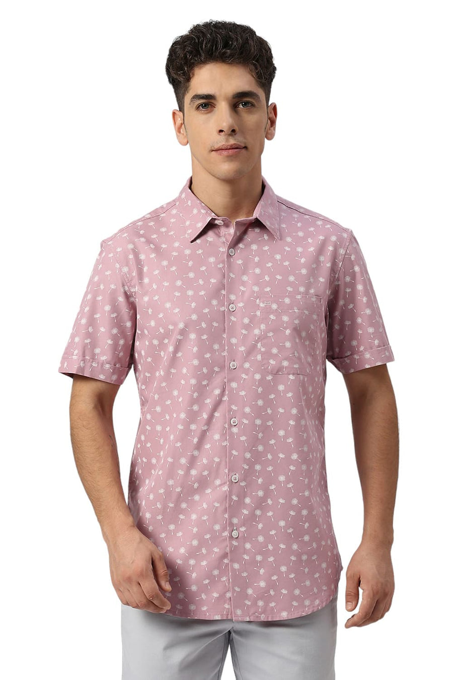 BASICS SLIM FIT PINK MAUVE COTTON POLYESTER CAVALRY TWILL PRINTED HALFSLEEVES SHIRT