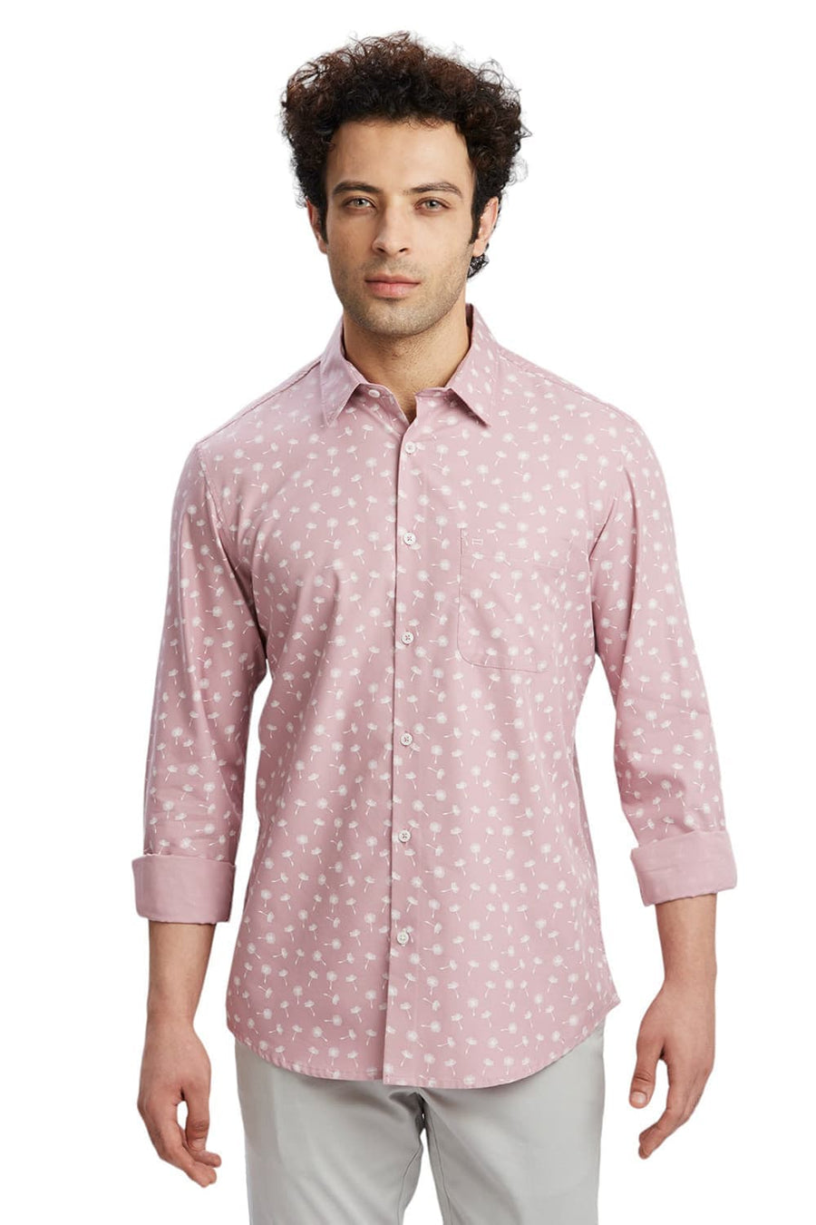 BASICS SLIM FIT PINK MAUVE COTTON POLYESTER CAVALRY TWILL PRINTED SHIRT