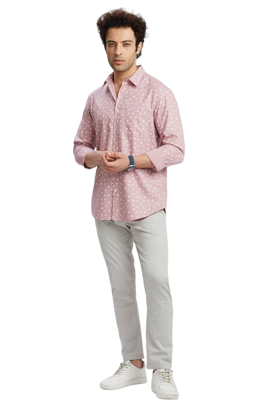 BASICS SLIM FIT PINK MAUVE COTTON POLYESTER CAVALRY TWILL PRINTED SHIRT