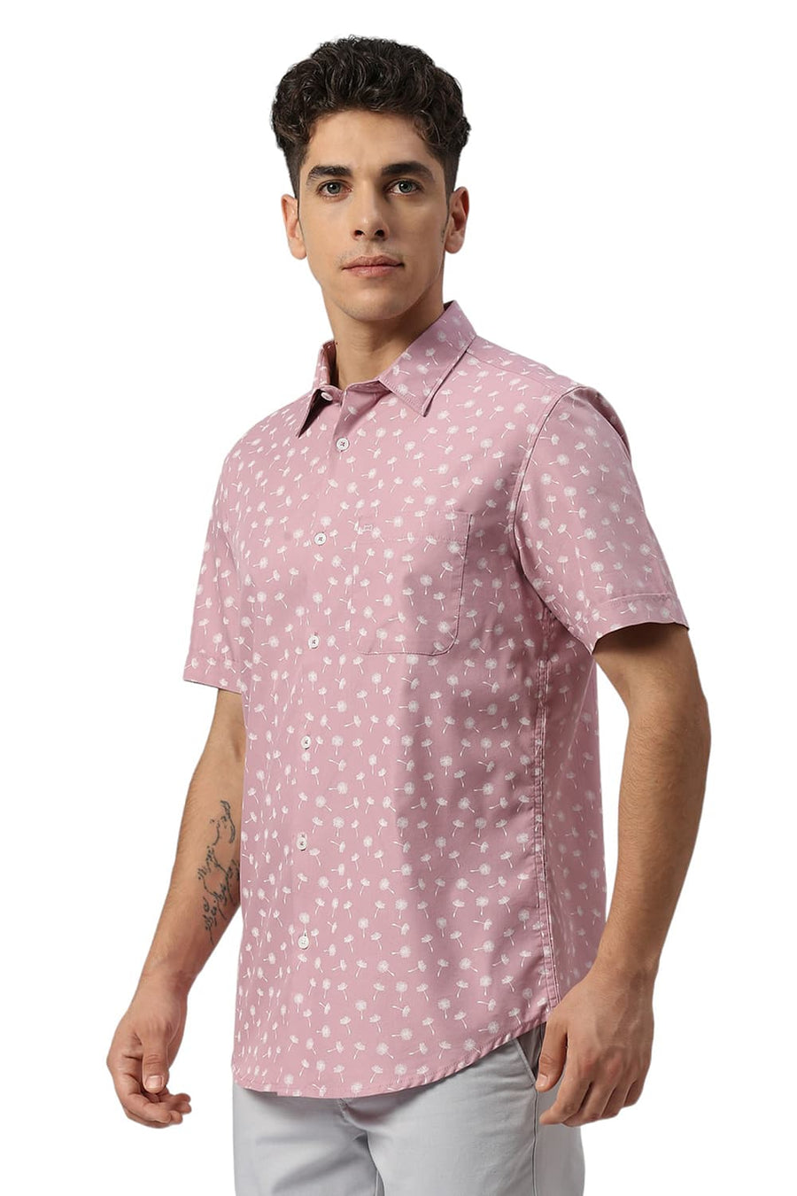 BASICS SLIM FIT PINK MAUVE COTTON POLYESTER CAVALRY TWILL PRINTED HALFSLEEVES SHIRT