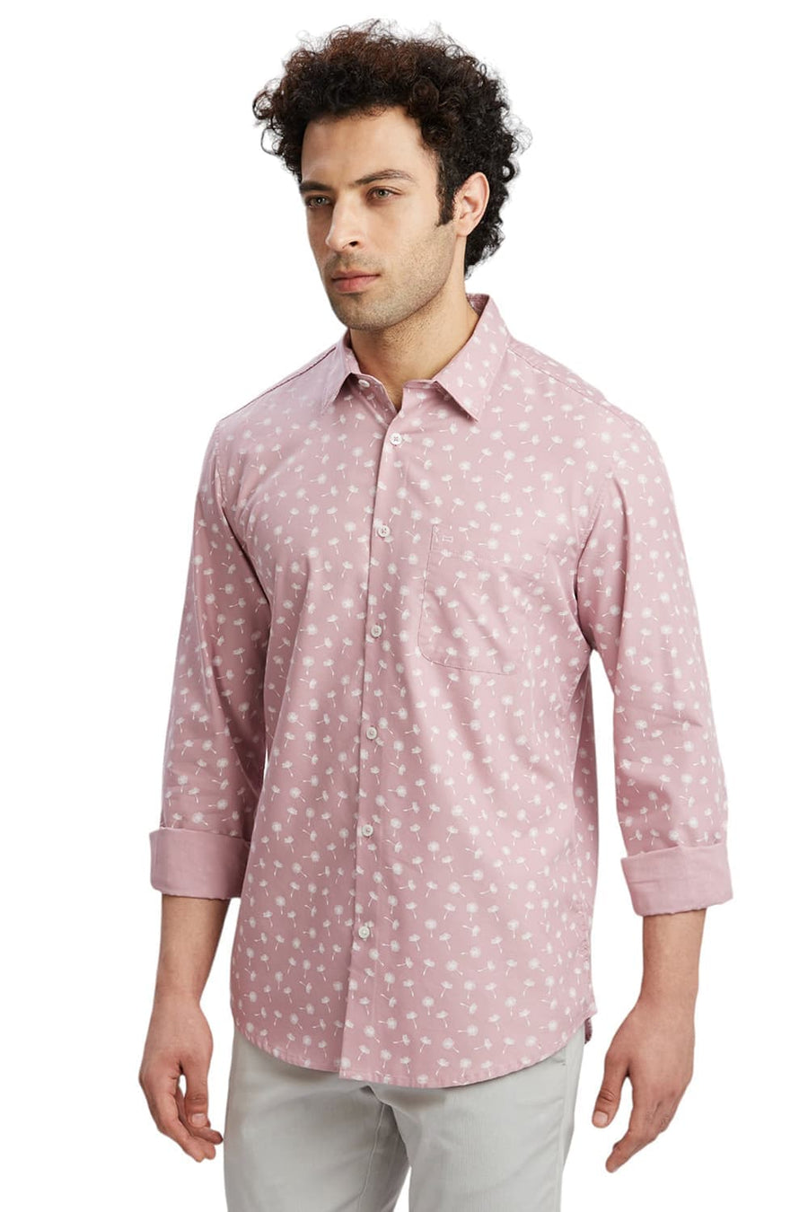 BASICS SLIM FIT PINK MAUVE COTTON POLYESTER CAVALRY TWILL PRINTED SHIRT