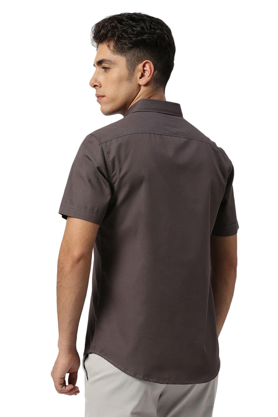 BASICS SLIM FIT PEWTER GREY COTTON POLYESTER CAVALRY TWILL HALFSLEEVES SHIRT