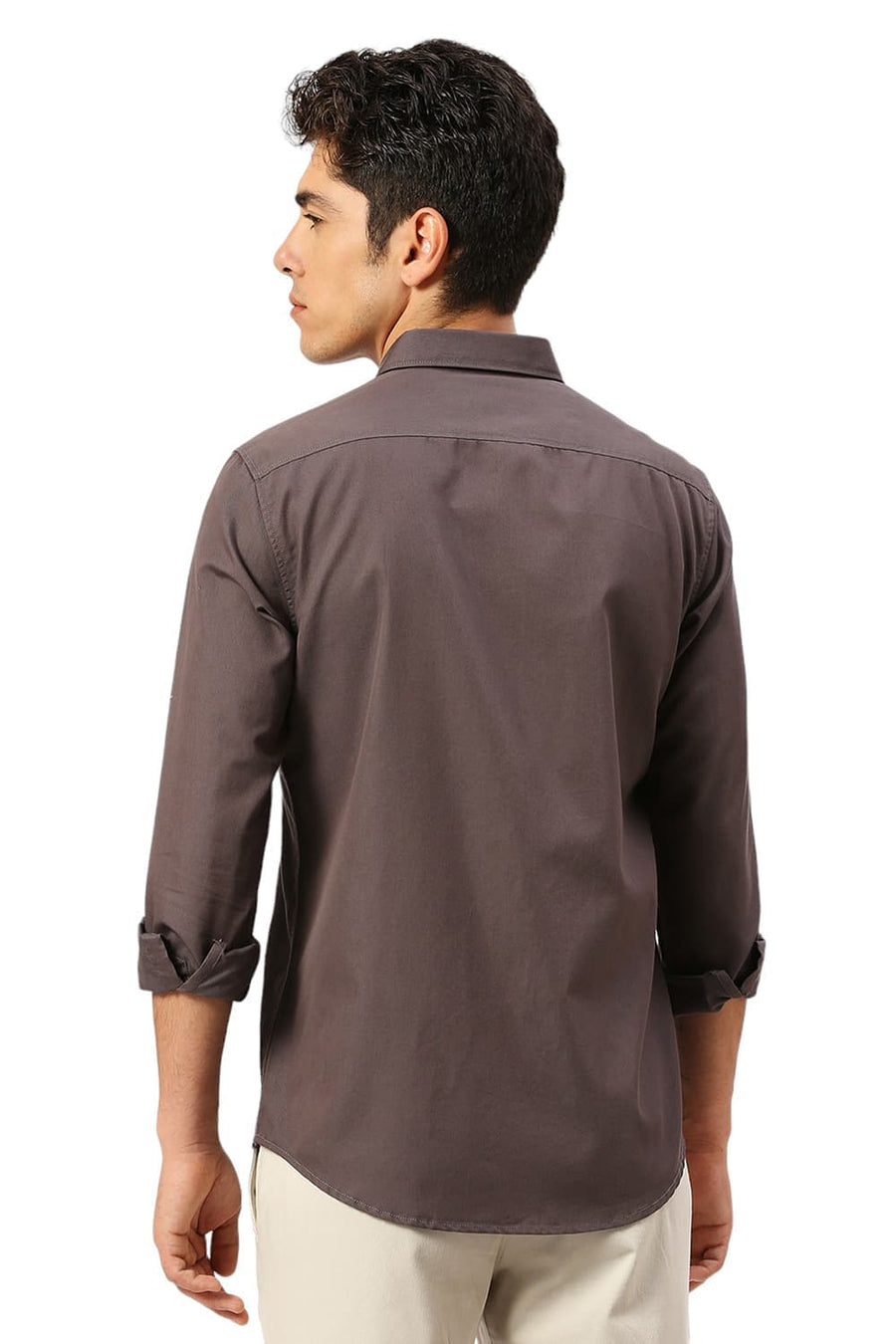 BASICS SLIM FIT PEWTER GREY COTTON POLYESTER CAVALRY TWILL SHIRT