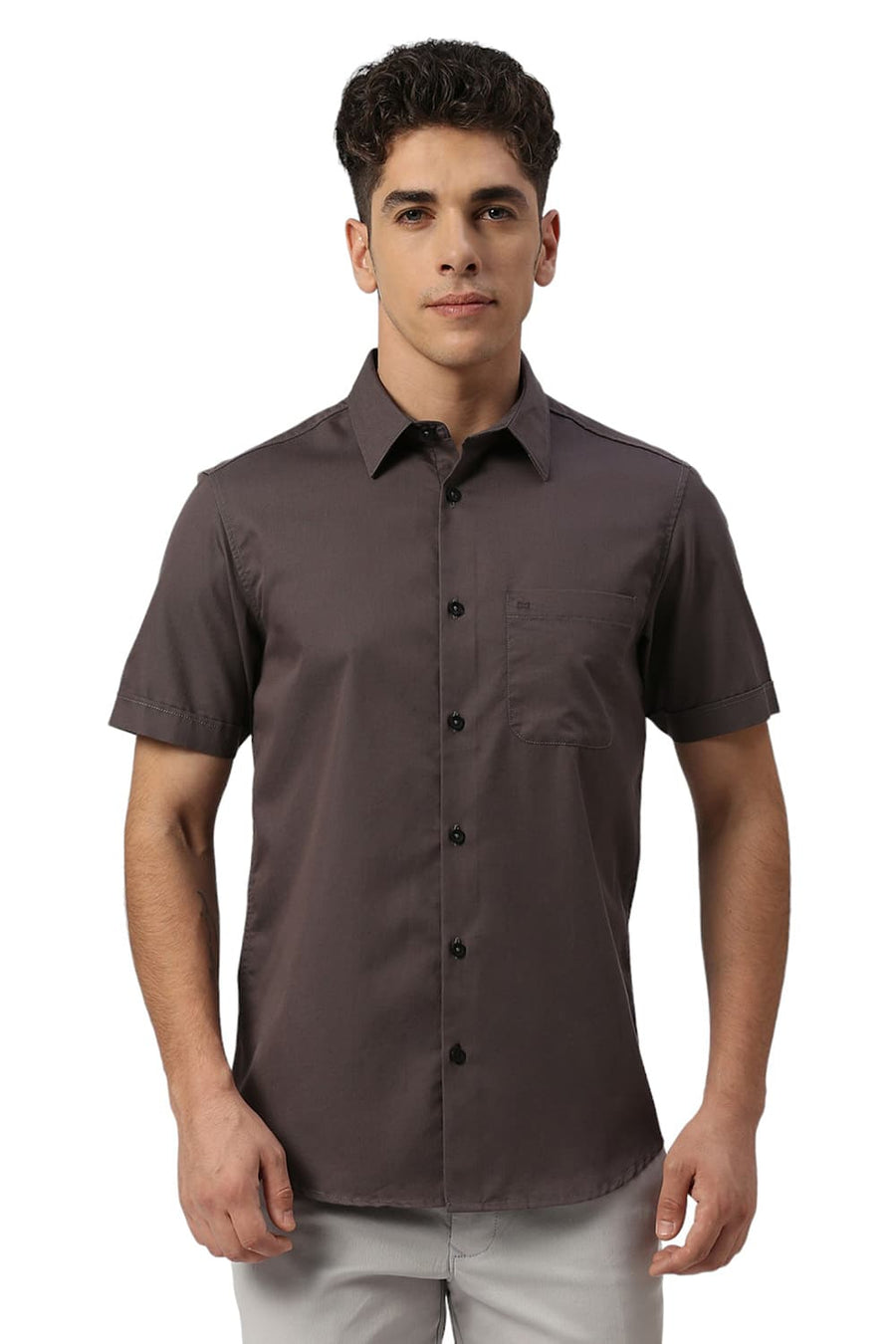 BASICS SLIM FIT PEWTER GREY COTTON POLYESTER CAVALRY TWILL HALFSLEEVES SHIRT