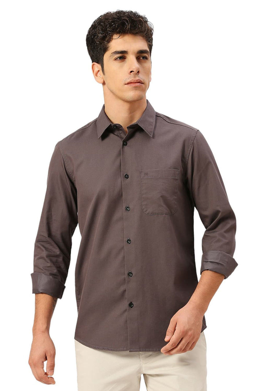 BASICS SLIM FIT PEWTER GREY COTTON POLYESTER CAVALRY TWILL SHIRT