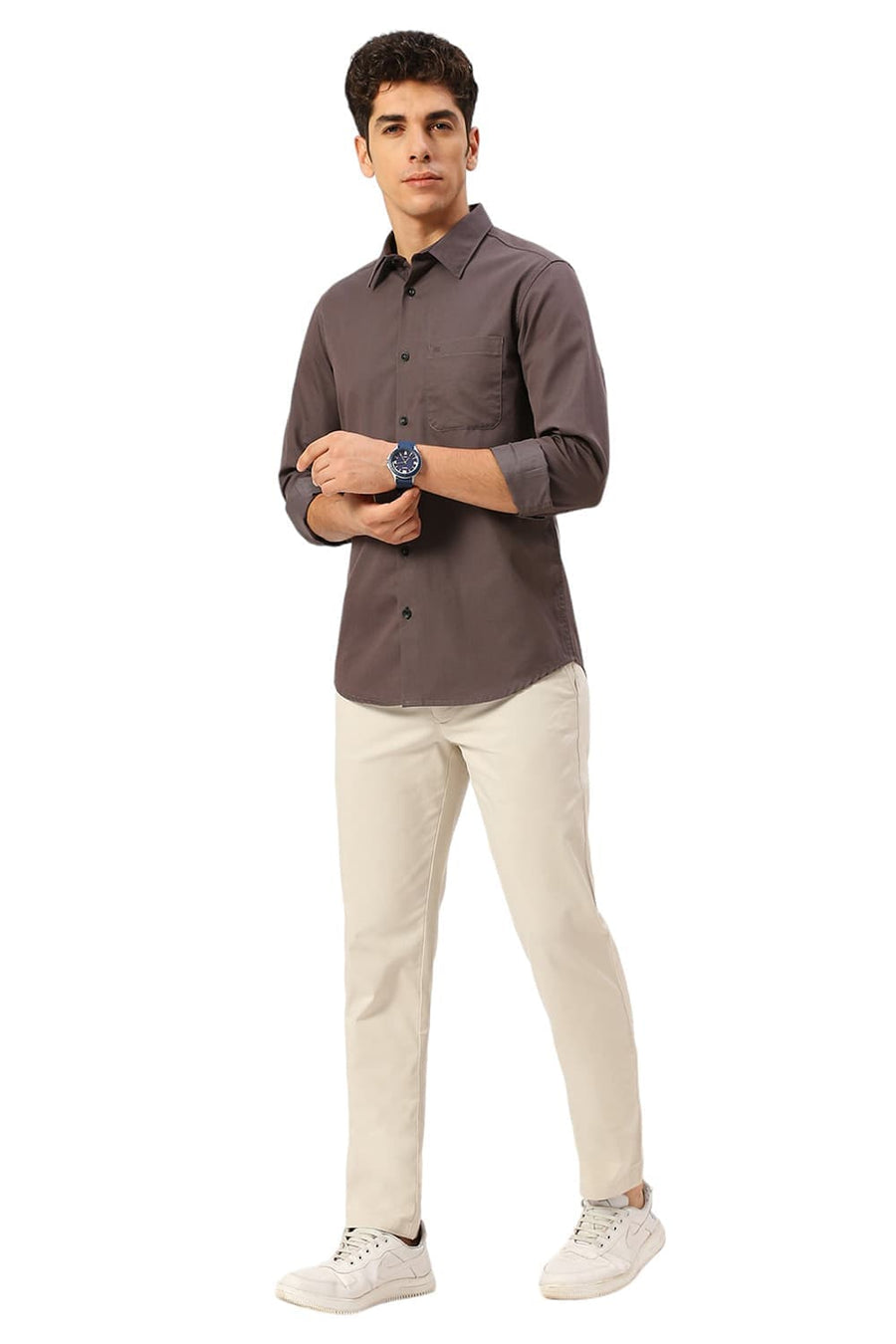 BASICS SLIM FIT PEWTER GREY COTTON POLYESTER CAVALRY TWILL SHIRT