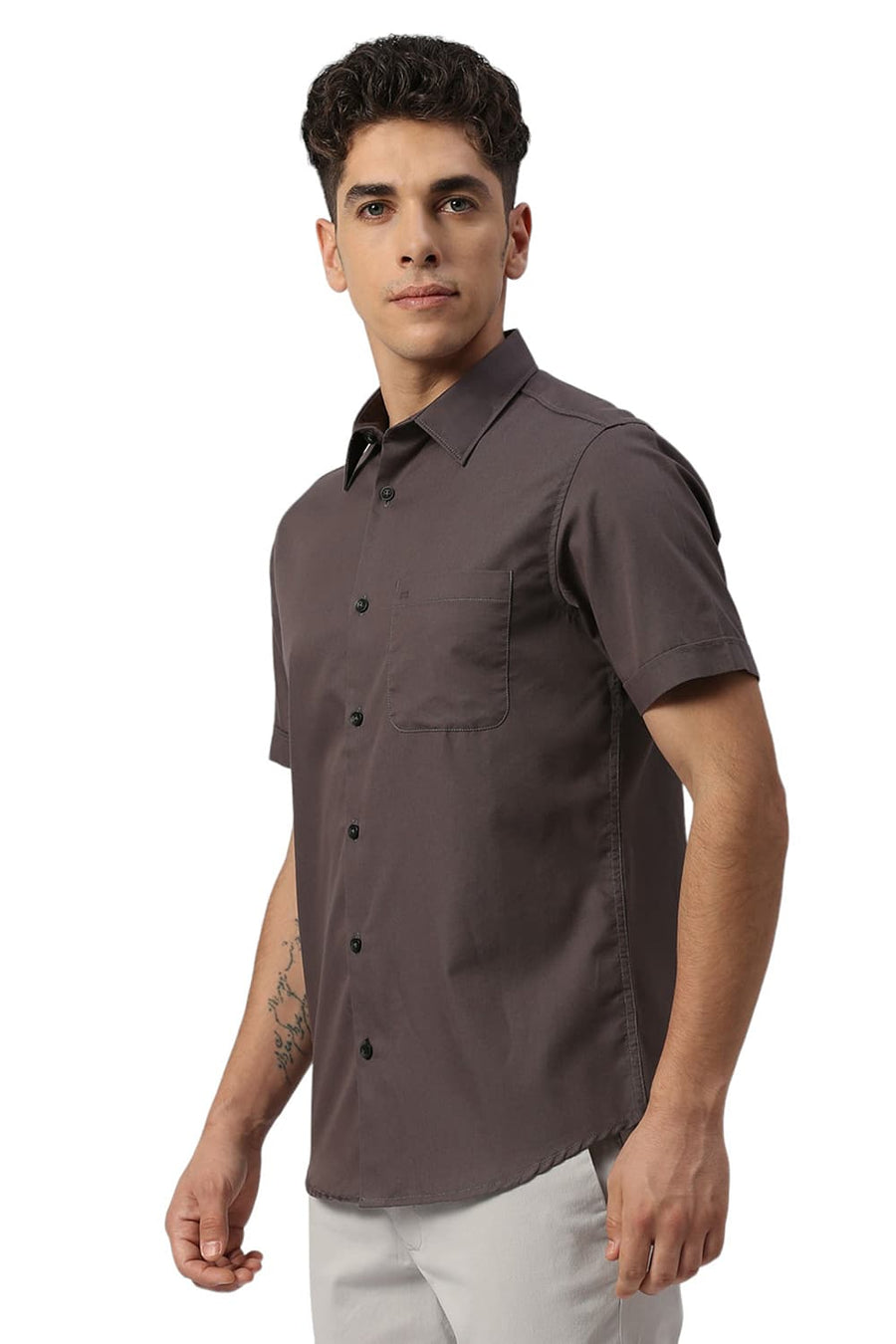 BASICS SLIM FIT PEWTER GREY COTTON POLYESTER CAVALRY TWILL HALFSLEEVES SHIRT