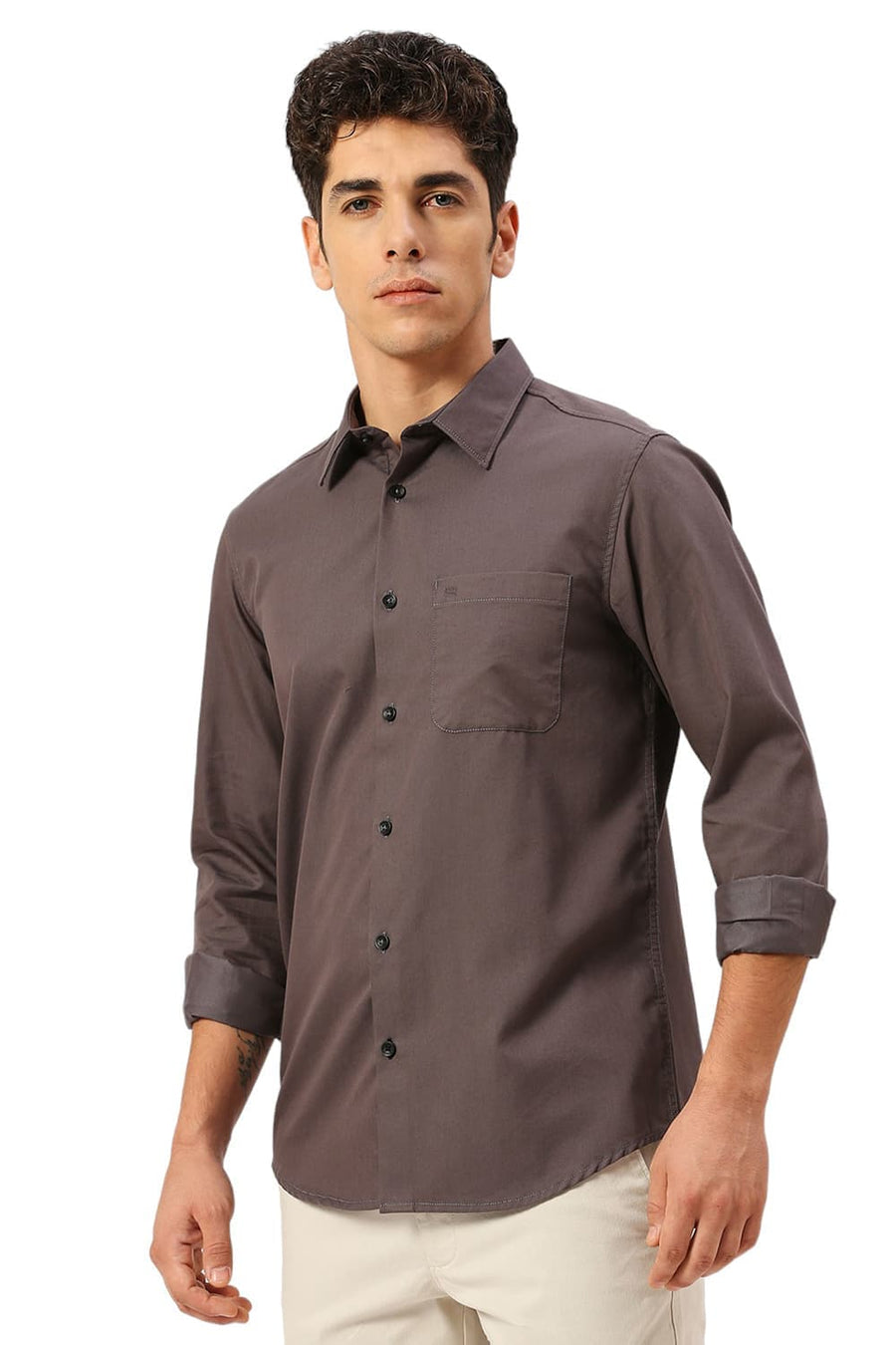 BASICS SLIM FIT PEWTER GREY COTTON POLYESTER CAVALRY TWILL SHIRT