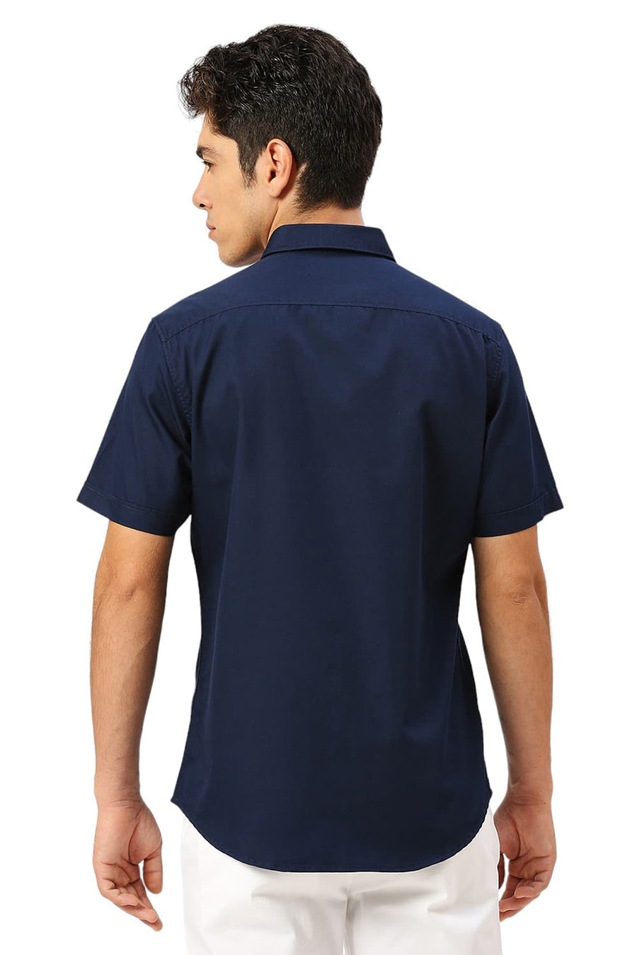BASICS SLIM FIT PAGEANT BLUE COTTON POLYESTER CAVALRY TWILL HALFSLEEVES SHIRT