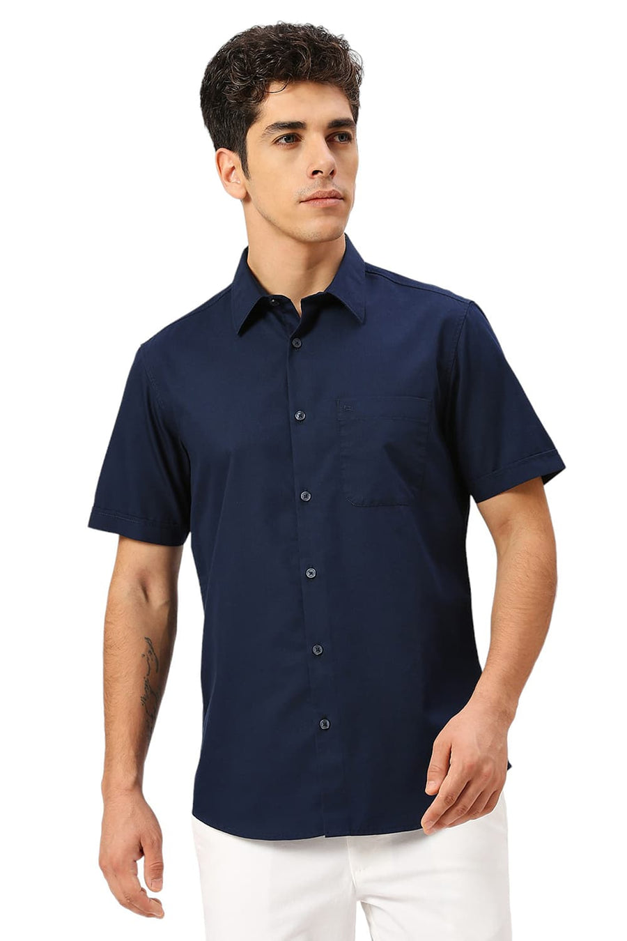 BASICS SLIM FIT PAGEANT BLUE COTTON POLYESTER CAVALRY TWILL HALFSLEEVES SHIRT