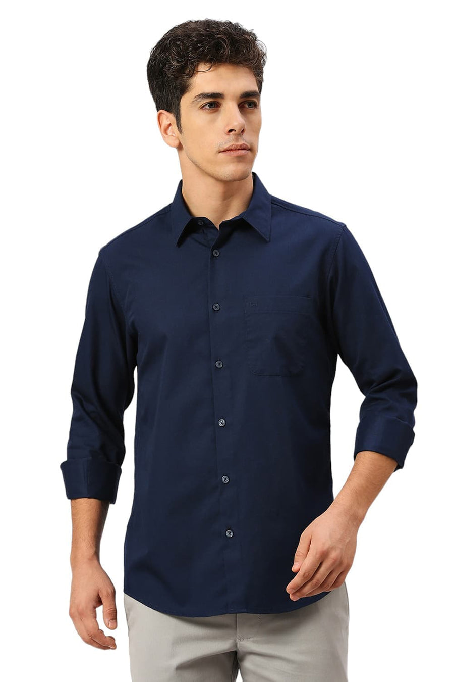 BASICS SLIM FIT PAGEANT BLUE COTTON POLYESTER CAVALRY TWILL SHIRT