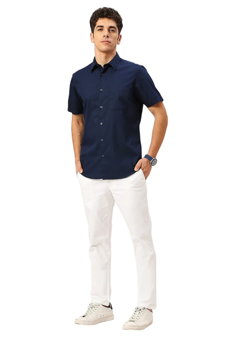 BASICS SLIM FIT PAGEANT BLUE COTTON POLYESTER CAVALRY TWILL HALFSLEEVES SHIRT