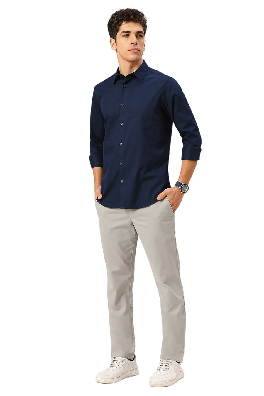 BASICS SLIM FIT PAGEANT BLUE COTTON POLYESTER CAVALRY TWILL SHIRT