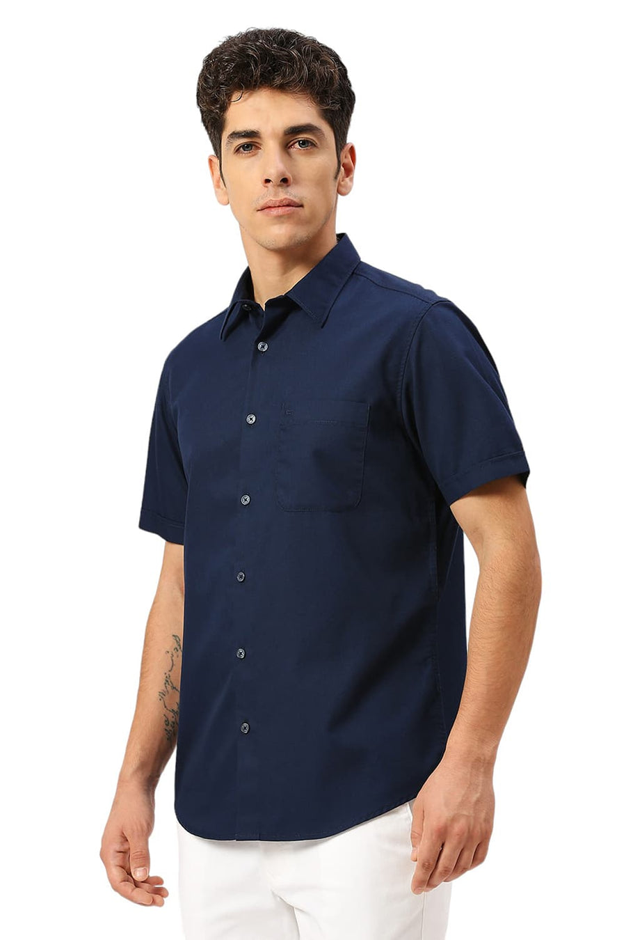 BASICS SLIM FIT PAGEANT BLUE COTTON POLYESTER CAVALRY TWILL HALFSLEEVES SHIRT