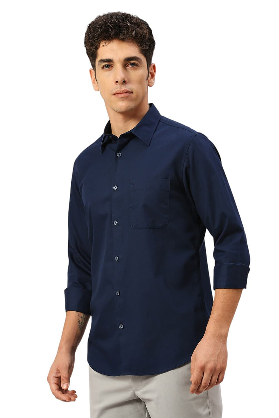 BASICS SLIM FIT PAGEANT BLUE COTTON POLYESTER CAVALRY TWILL SHIRT