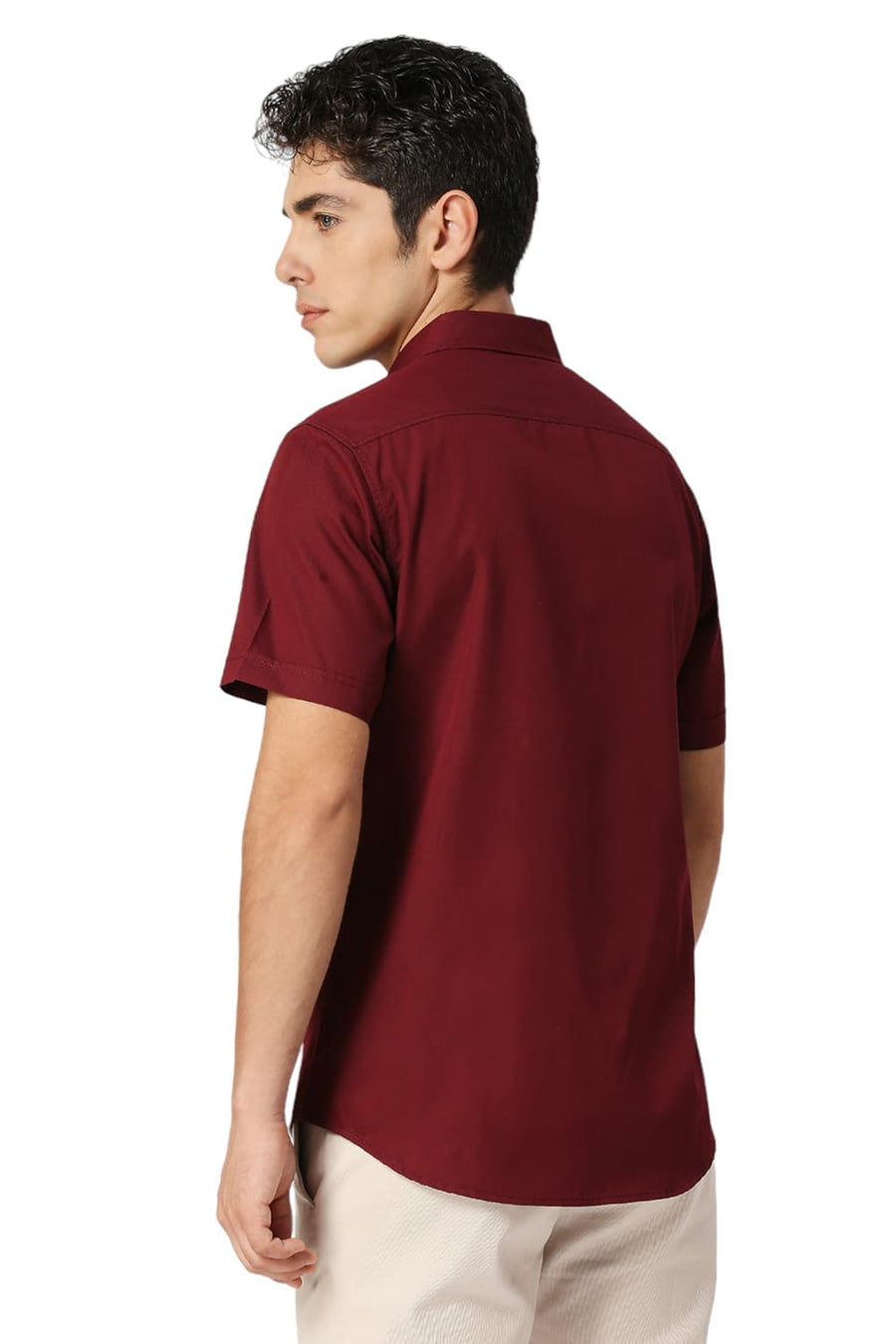 BASICS SLIM FIT CABERNET MAROON COTTON POLYESTER CAVALRY TWILL HALFSLEEVES SHIRT