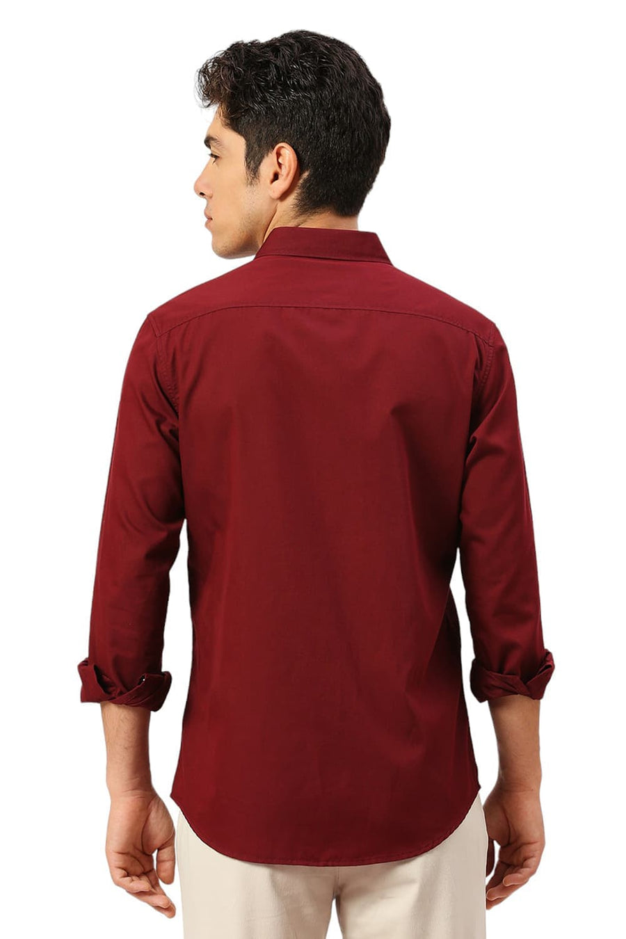 BASICS SLIM FIT CABERNET MAROON COTTON POLYESTER CAVALRY TWILL SHIRT