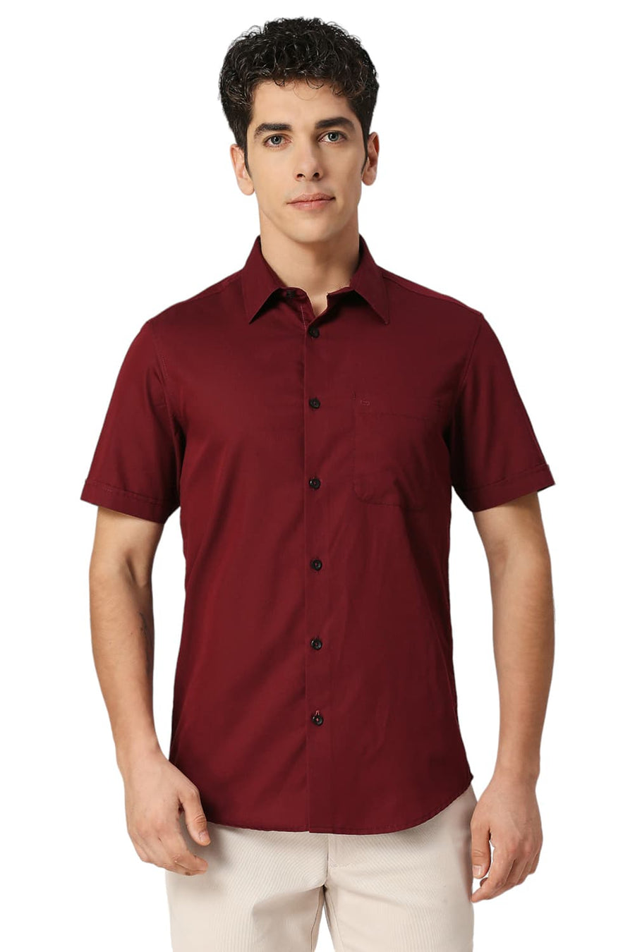 BASICS SLIM FIT CABERNET MAROON COTTON POLYESTER CAVALRY TWILL HALFSLEEVES SHIRT