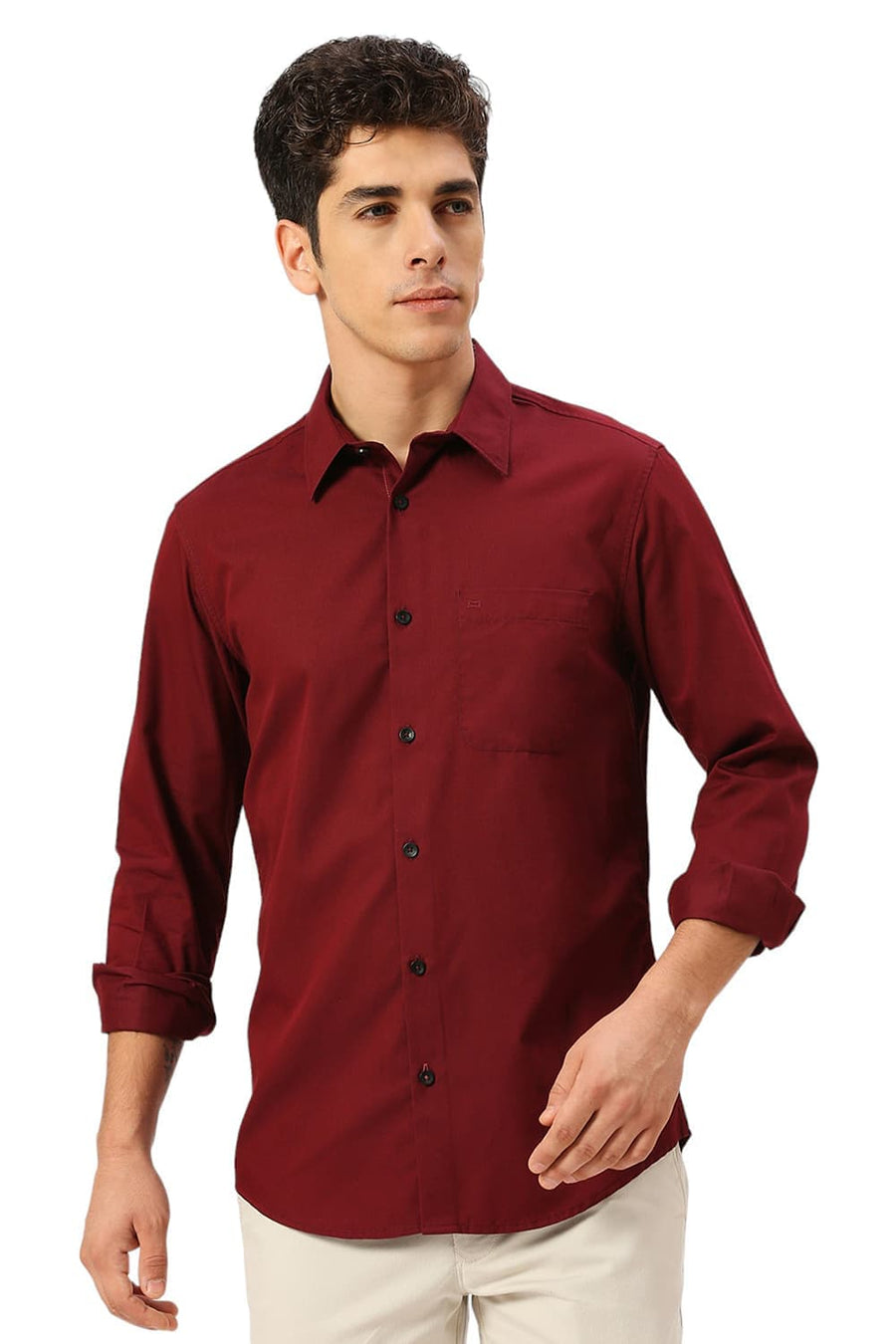 BASICS SLIM FIT CABERNET MAROON COTTON POLYESTER CAVALRY TWILL SHIRT