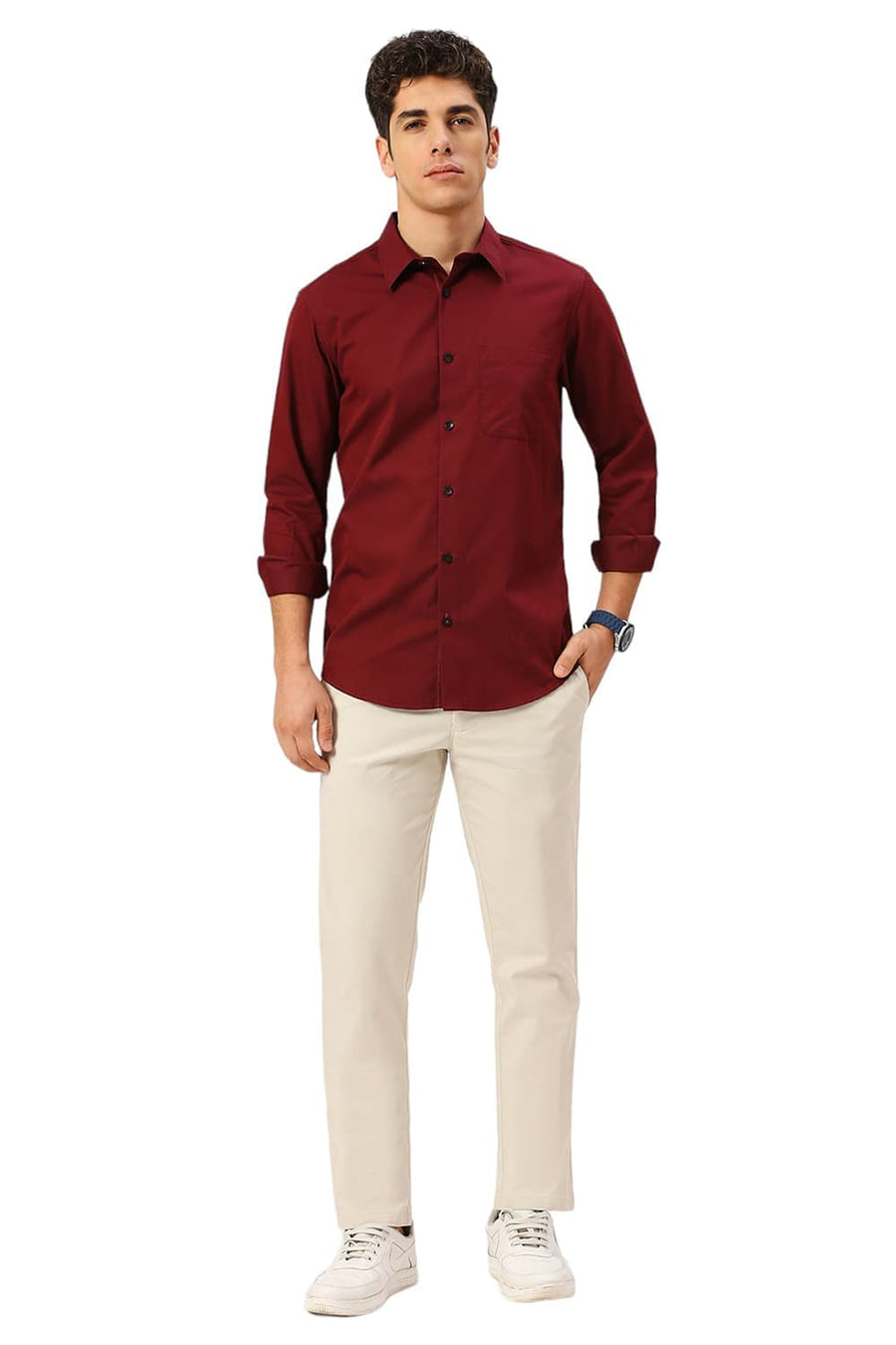 BASICS SLIM FIT CABERNET MAROON COTTON POLYESTER CAVALRY TWILL SHIRT