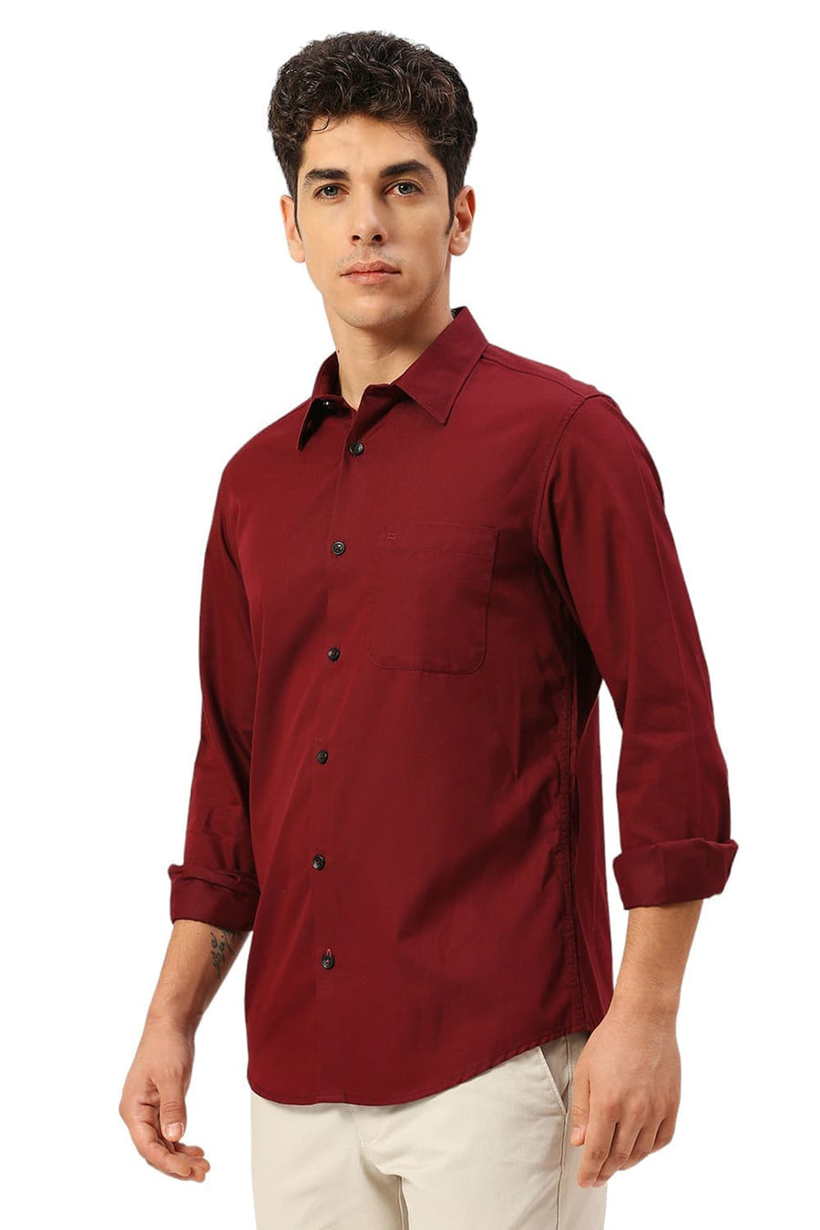 BASICS SLIM FIT CABERNET MAROON COTTON POLYESTER CAVALRY TWILL SHIRT