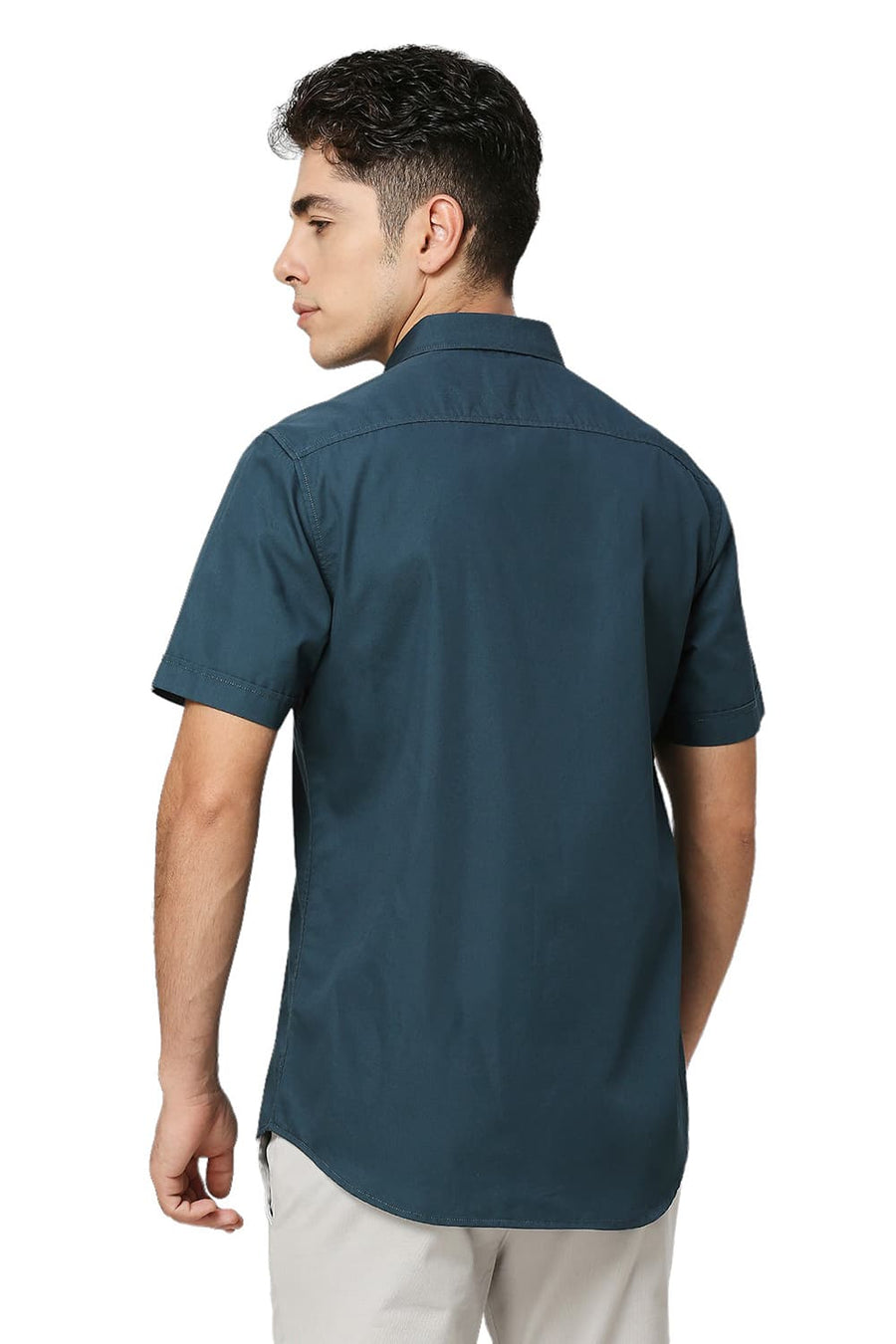 BASICS SLIM FIT SEA TEAL COTTON POLYESTER CAVALRY TWILL HALFSLEEVES SHIRT