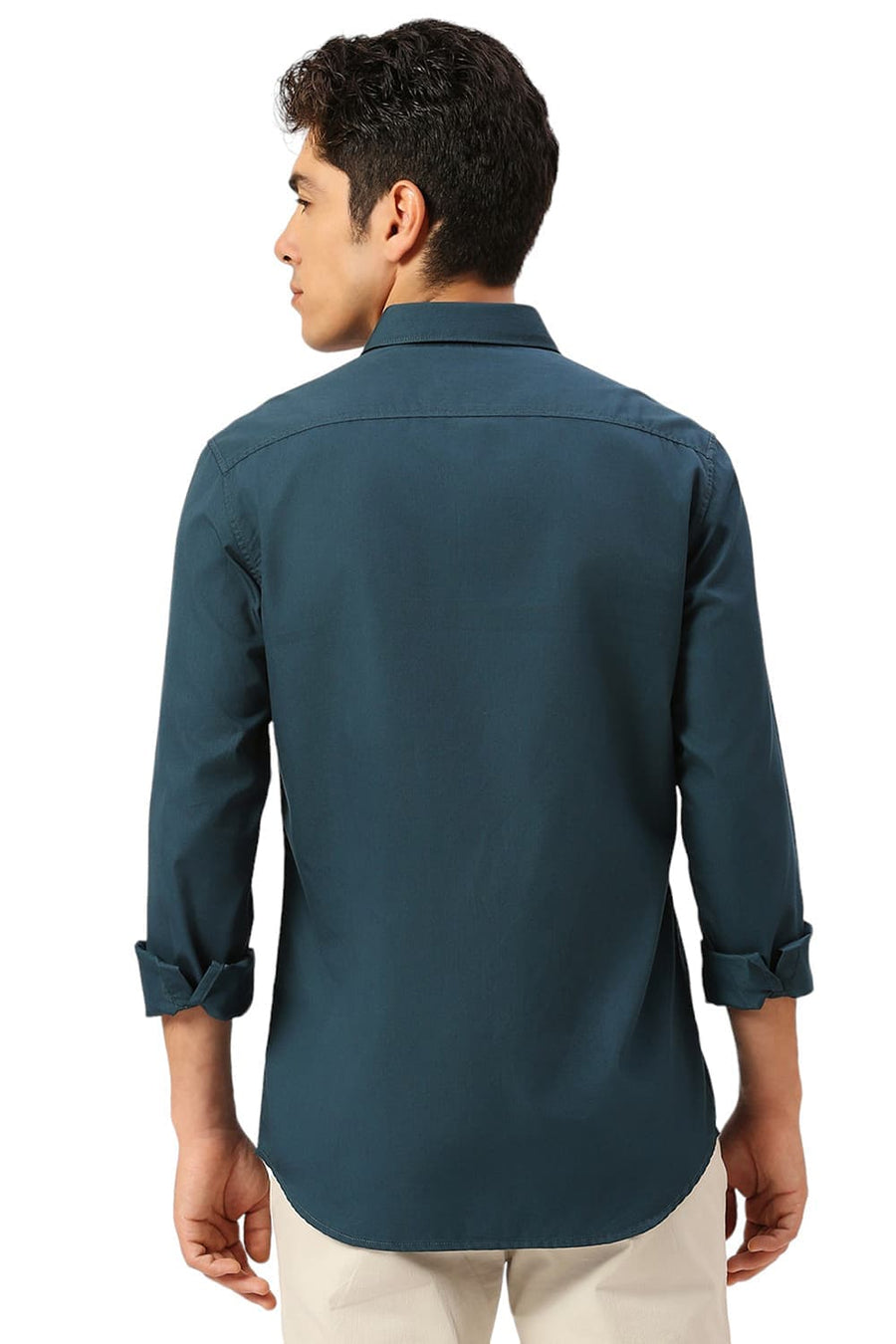 BASICS SLIM FIT SEA TEAL COTTON POLYESTER CAVALRY TWILL SHIRT