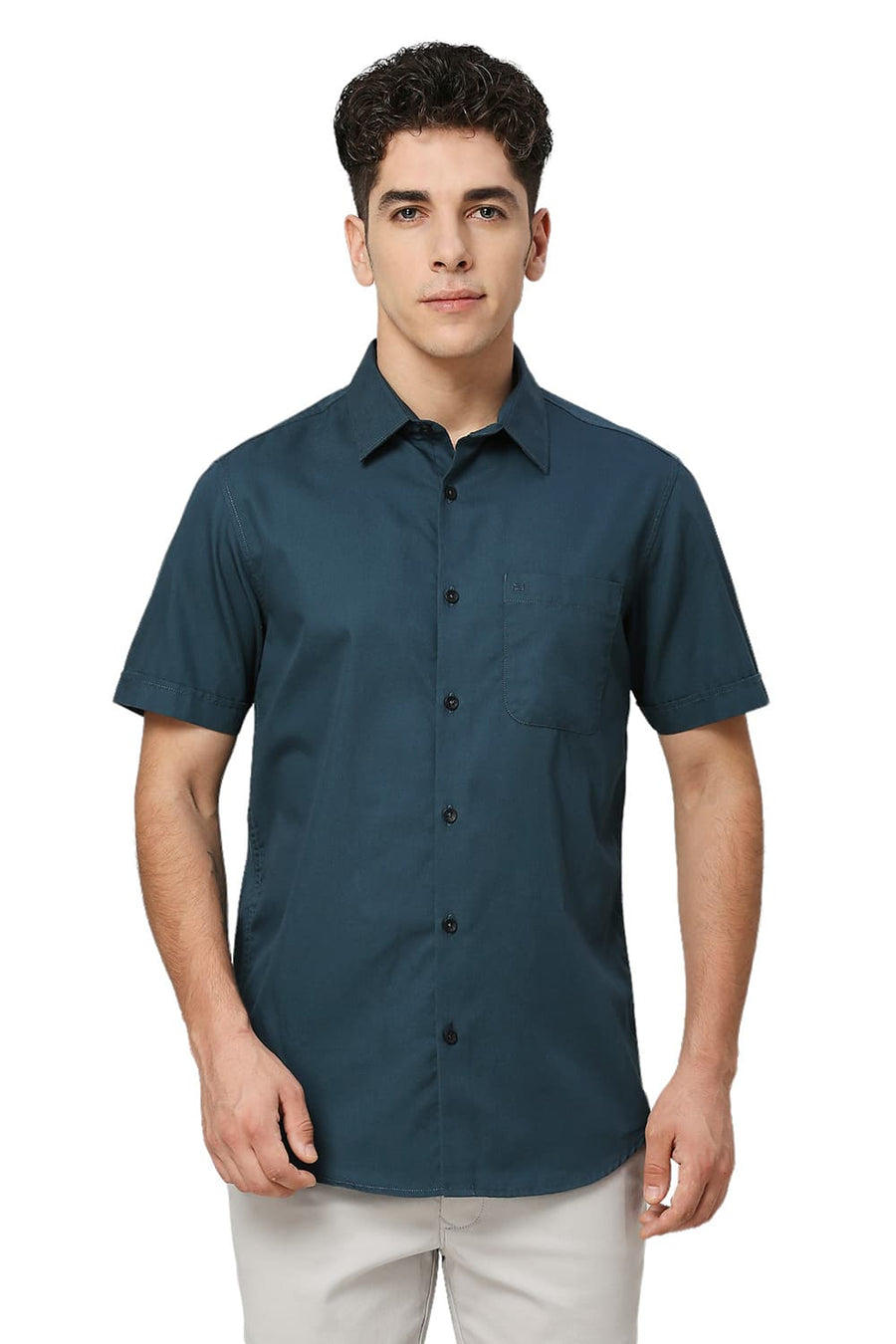 BASICS SLIM FIT SEA TEAL COTTON POLYESTER CAVALRY TWILL HALFSLEEVES SHIRT