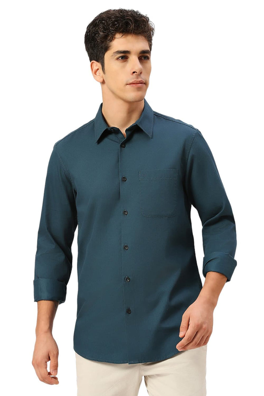 BASICS SLIM FIT SEA TEAL COTTON POLYESTER CAVALRY TWILL SHIRT