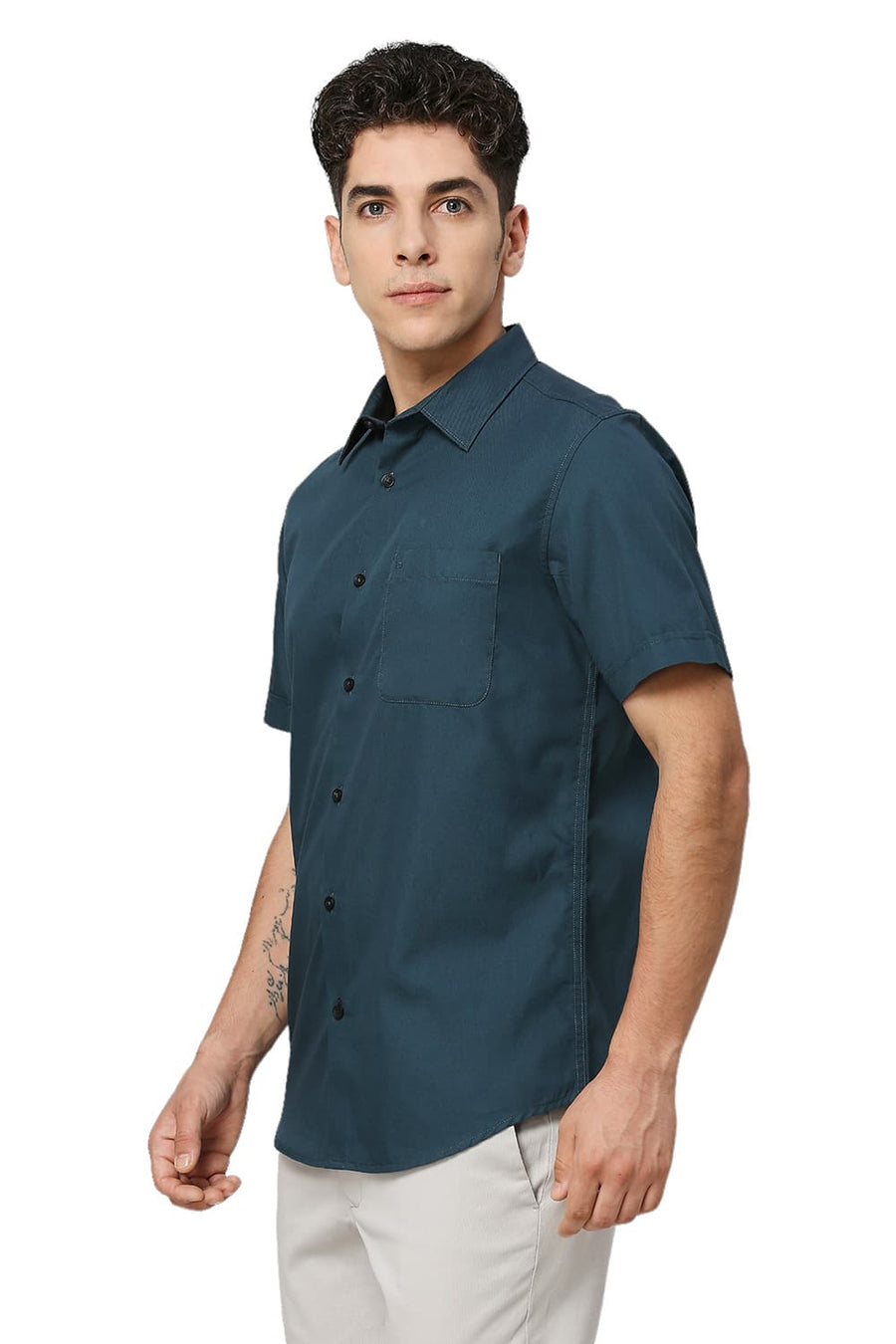 BASICS SLIM FIT SEA TEAL COTTON POLYESTER CAVALRY TWILL HALFSLEEVES SHIRT