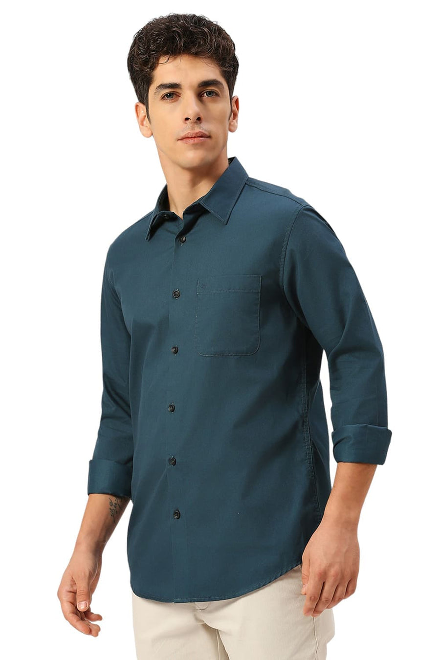 BASICS SLIM FIT SEA TEAL COTTON POLYESTER CAVALRY TWILL SHIRT